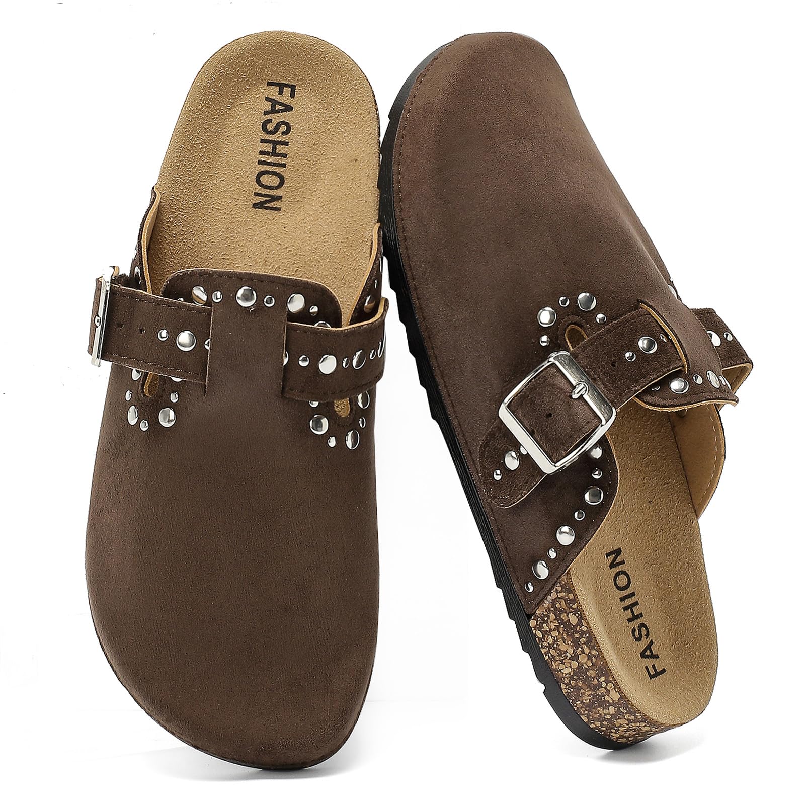 Womens Suede Clogs Mens Leather Slip On Mules Comfortable Adjustable Buckle Arch Support Slippers Cork Footbed Studded Potato Shoes