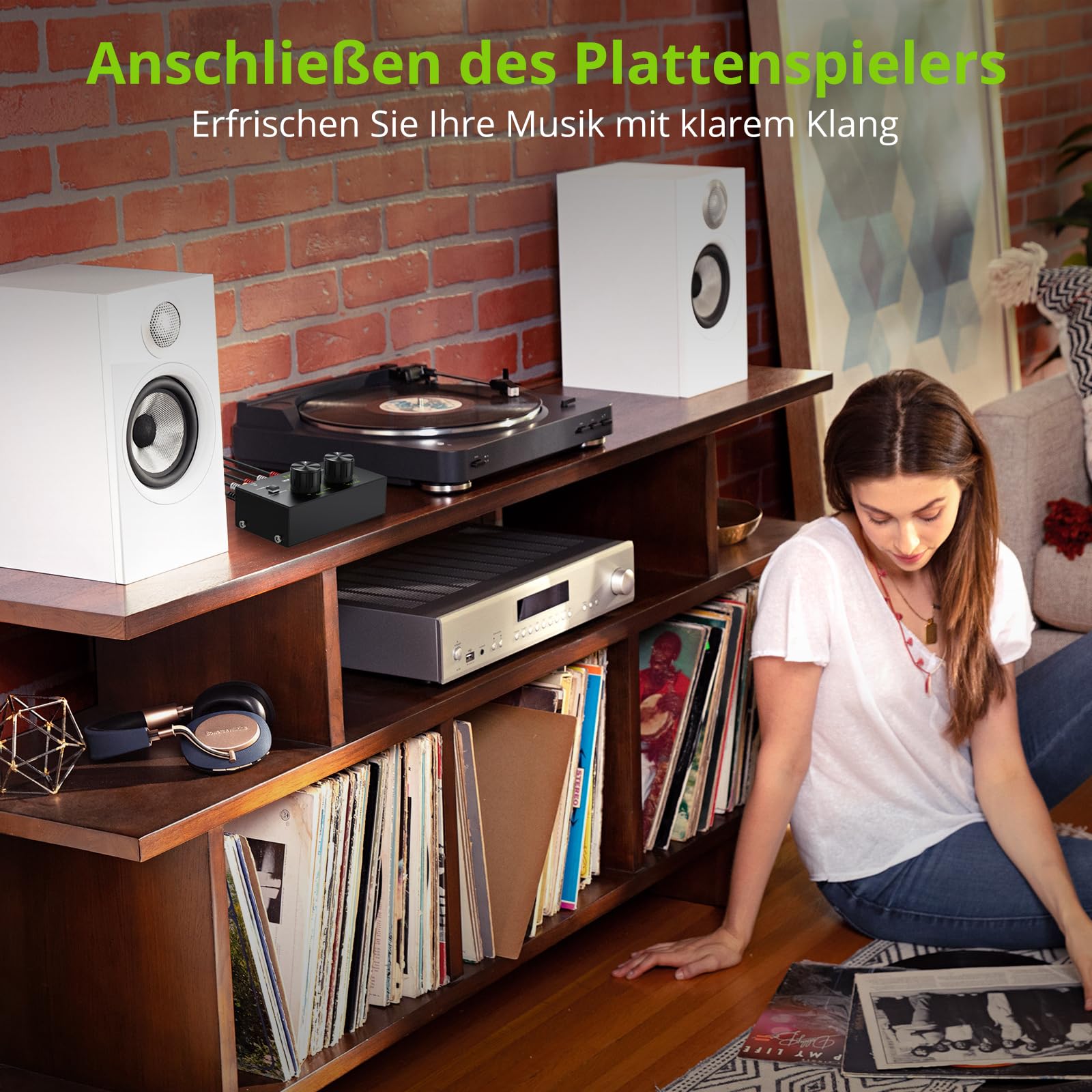 LiNKFOR Phono-Vorverstärker Phonograph-Vorverstärker Ultra-Kompakter Vorverstärker mit Netzschalter Lautstärkeregler Cinch Eingang/Ausgang 1/4'' TRS-Ausgang DC 12V für Plattenspieler mit MM-Abtast