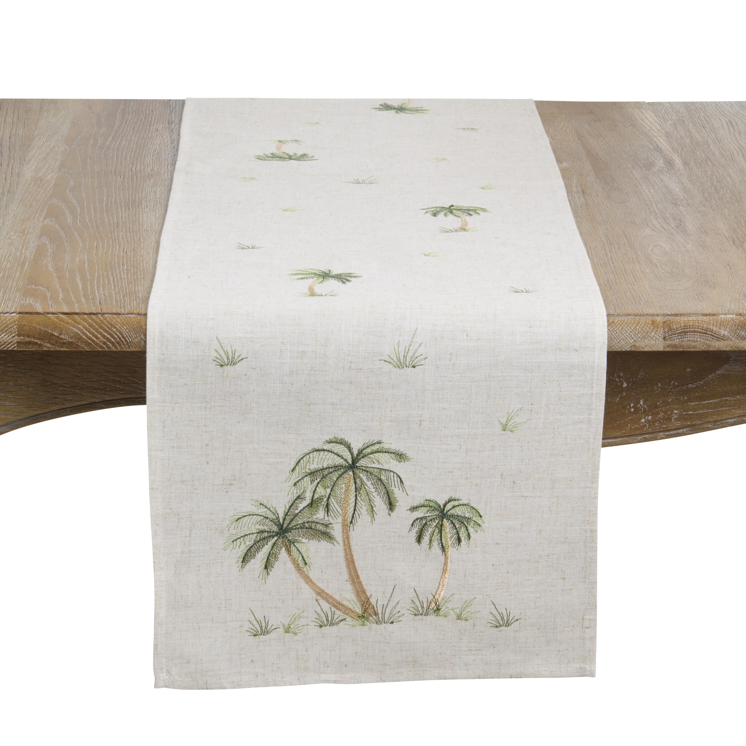 SARO LIFESTYLE Palm Paradise Linen Blend Table Runner - Tropical Embroidered Table Runner for Coastal Dining Tables, Resort-Inspired Tablescapes, and Summer Entertaining, 16"x68", Natural