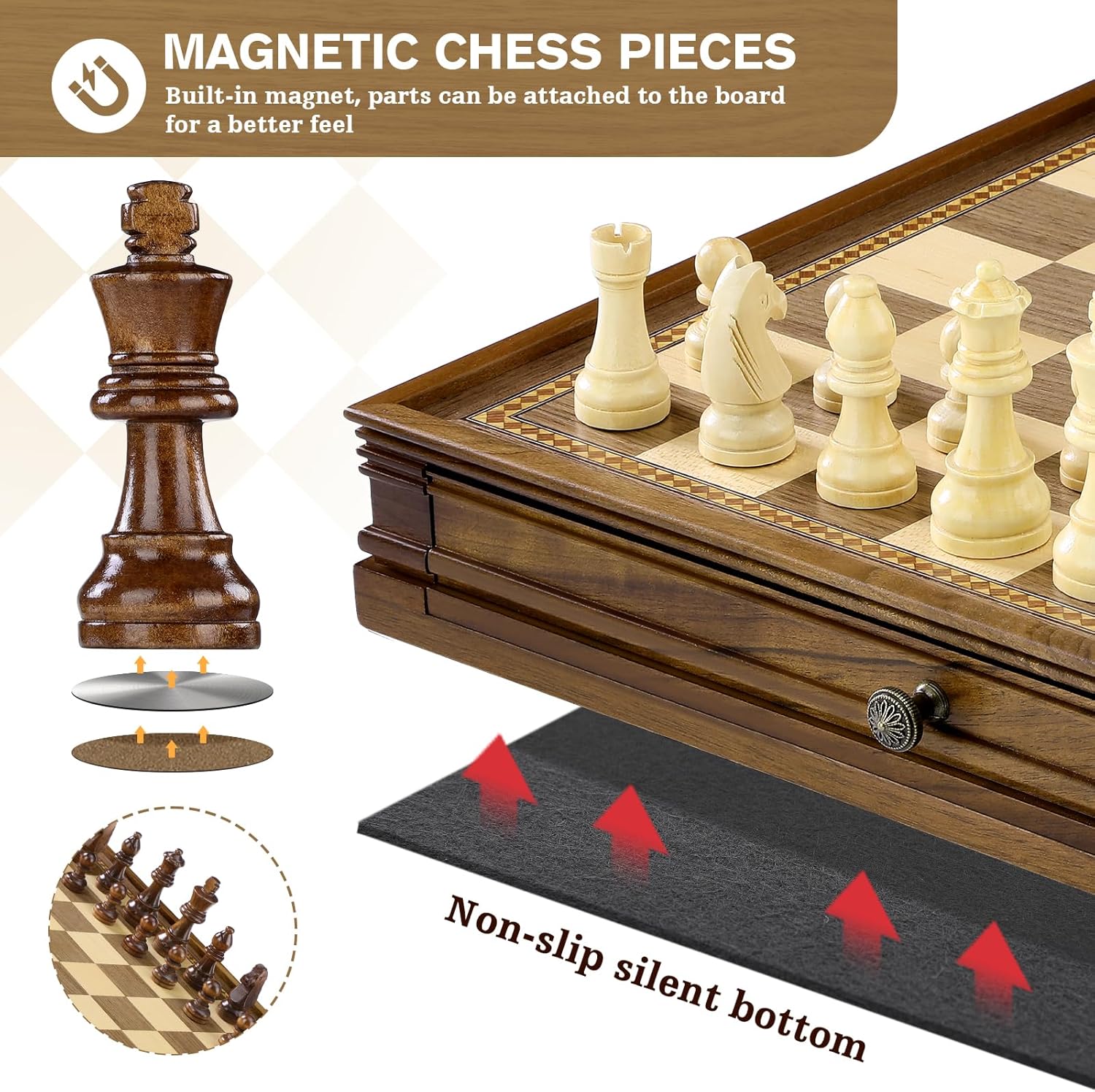 Peradix Magnetic Chess Checkers Board Sets with 2 Built-in Storage Drawers,12.8" Classic 2 in 1 Wooden Games with 2 Extra Queens for Kids and Adults,Travel Portable Chess Game Set