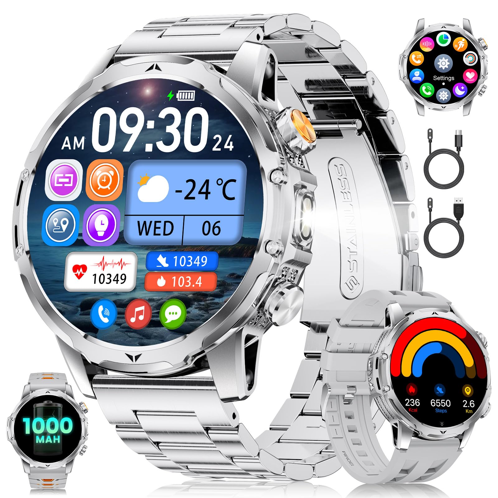 Orologio Smartwatch Uomo con Chiamate/Batteria 1000 mAh per Android iOS, 1,53" HD Smartwatch Militare con Frequenza Cardiaca/129 Modalità Sportive, Impermeabile IP68 Torcia Fitness Watch, 3 Cinturini