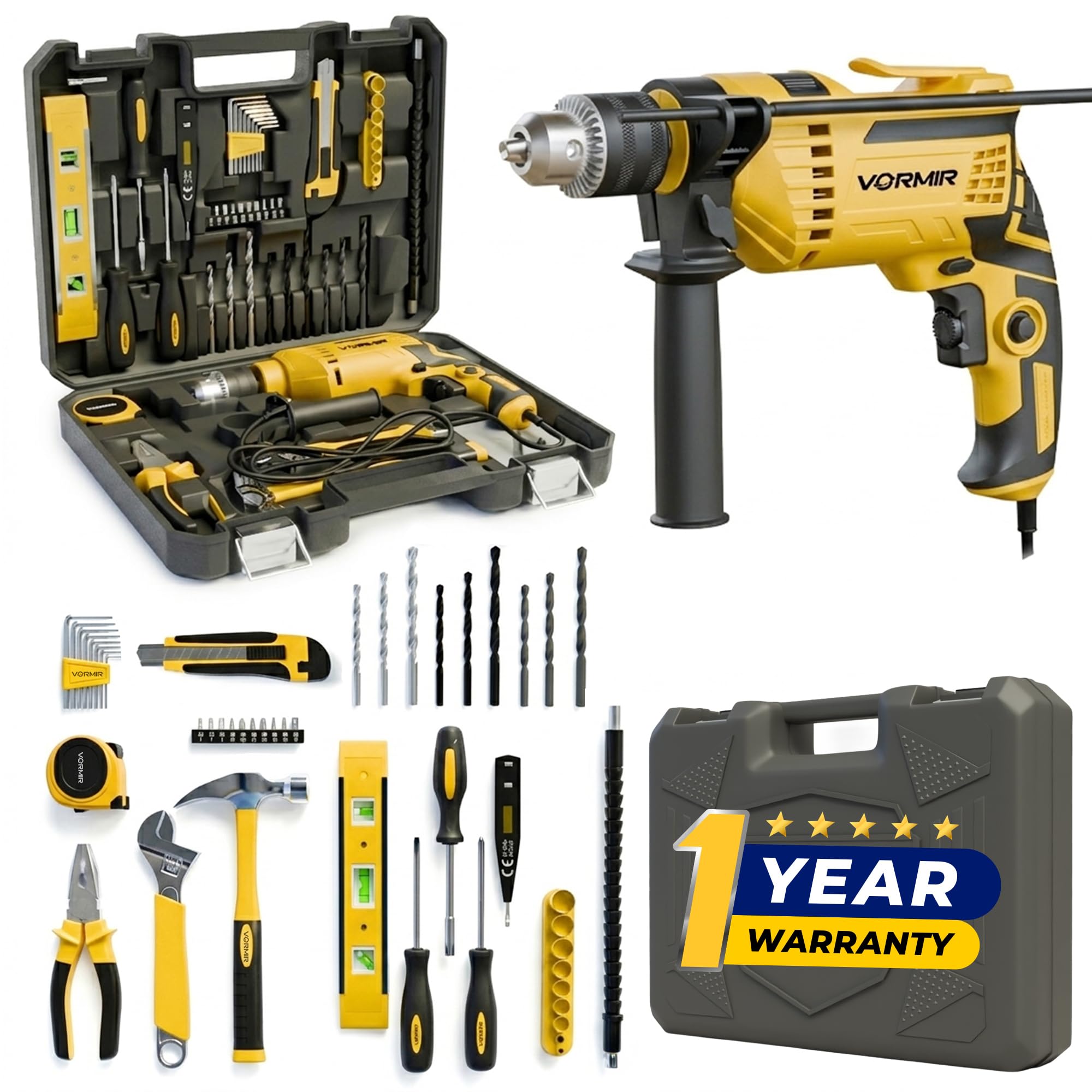 IBELL VORMIR TD13-120 650W Impact Drill Tool Kit – Heavy Duty Electric Drill, 13mm Keyless Chuck, Copper Armature, 145 Yellow DIY, Home Repair & Maintenance Hand Tools & Accessories Set-image-12