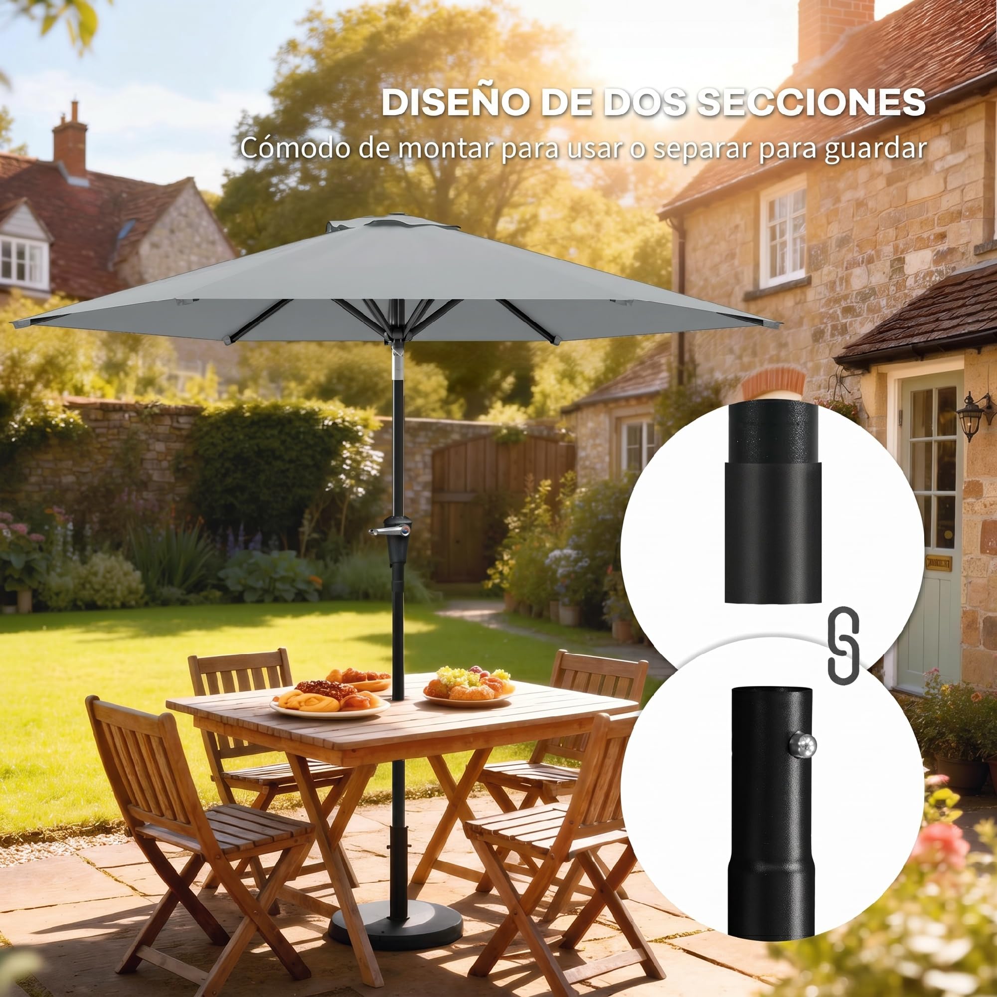 Outsunny Sombrilla Terraza Exterior Ø230 cm Sombrilla de Jardín con Ángulo Ajustable y Manivela Impermeable Parasol para Patio Terraza