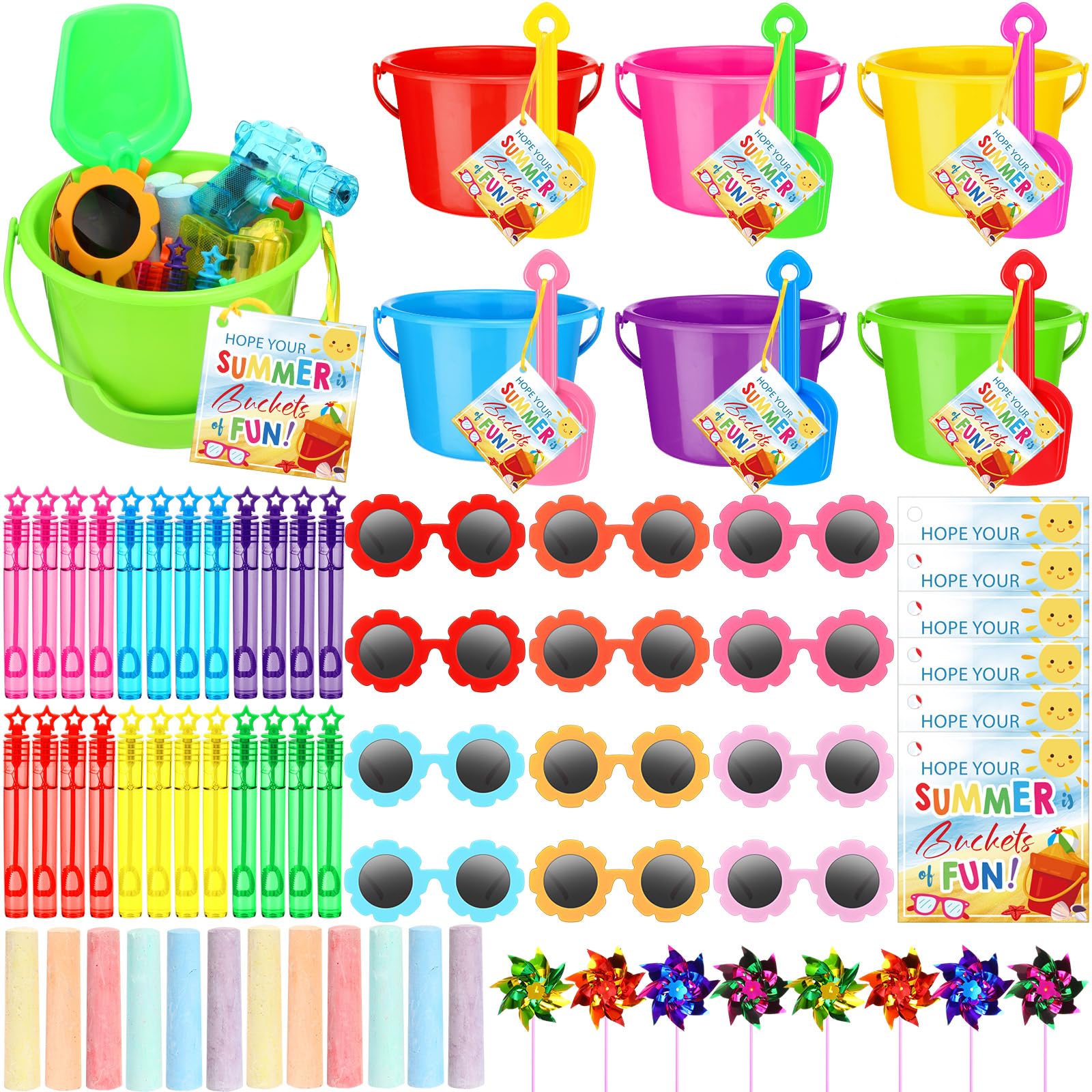 Photo 1 of Chivao 42 Beach Favors Pool Favors End of Year Student Gifts Bulk Sand Buckets Shovels Bubble Wands Sunglasses Sidewalk Chalks Pinwheels Summer Pool Toy Gift Bulk for Kids Swim Party Supply