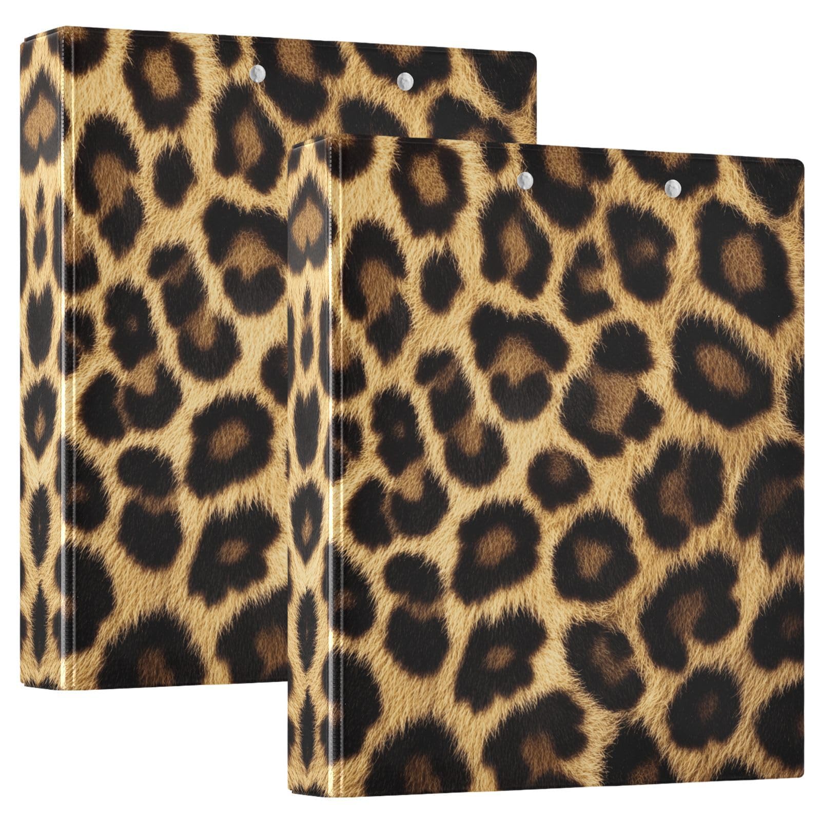 Confezione da 2 raccoglitori a 3 anelli, con stampa leopardata e pelle di animale, 3,8 cm, con 3 tasche trasparenti, portablocco e contiene 200 fogli, per ufficio, scuola, organizzazione