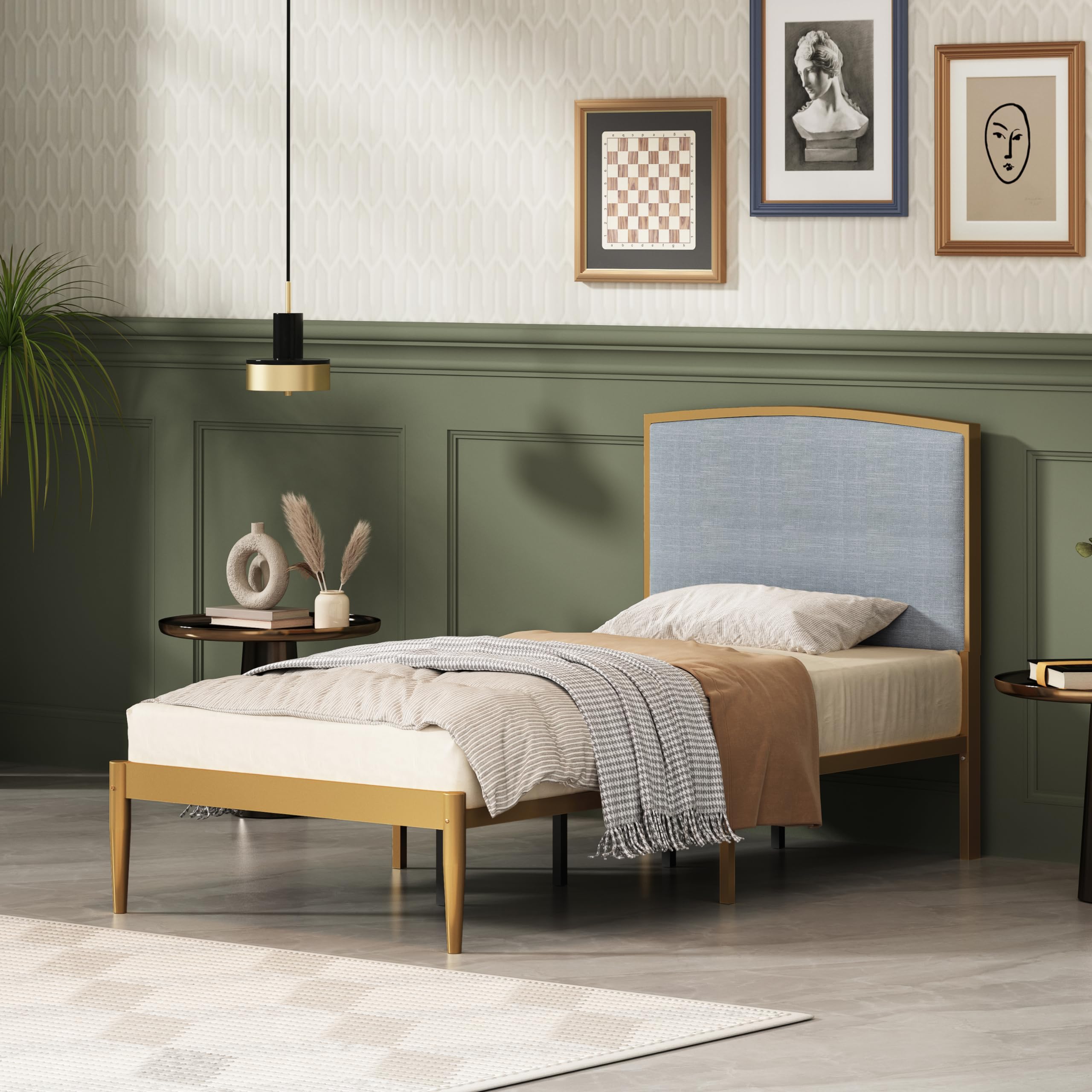 YUHUASHI Platform Metal Bed Frame, Simple Design, Linen-Covered Curved headboard, Metal Frame and Foot, Easy to Assemble and noiseless(Light Blue & Gold, Twin)