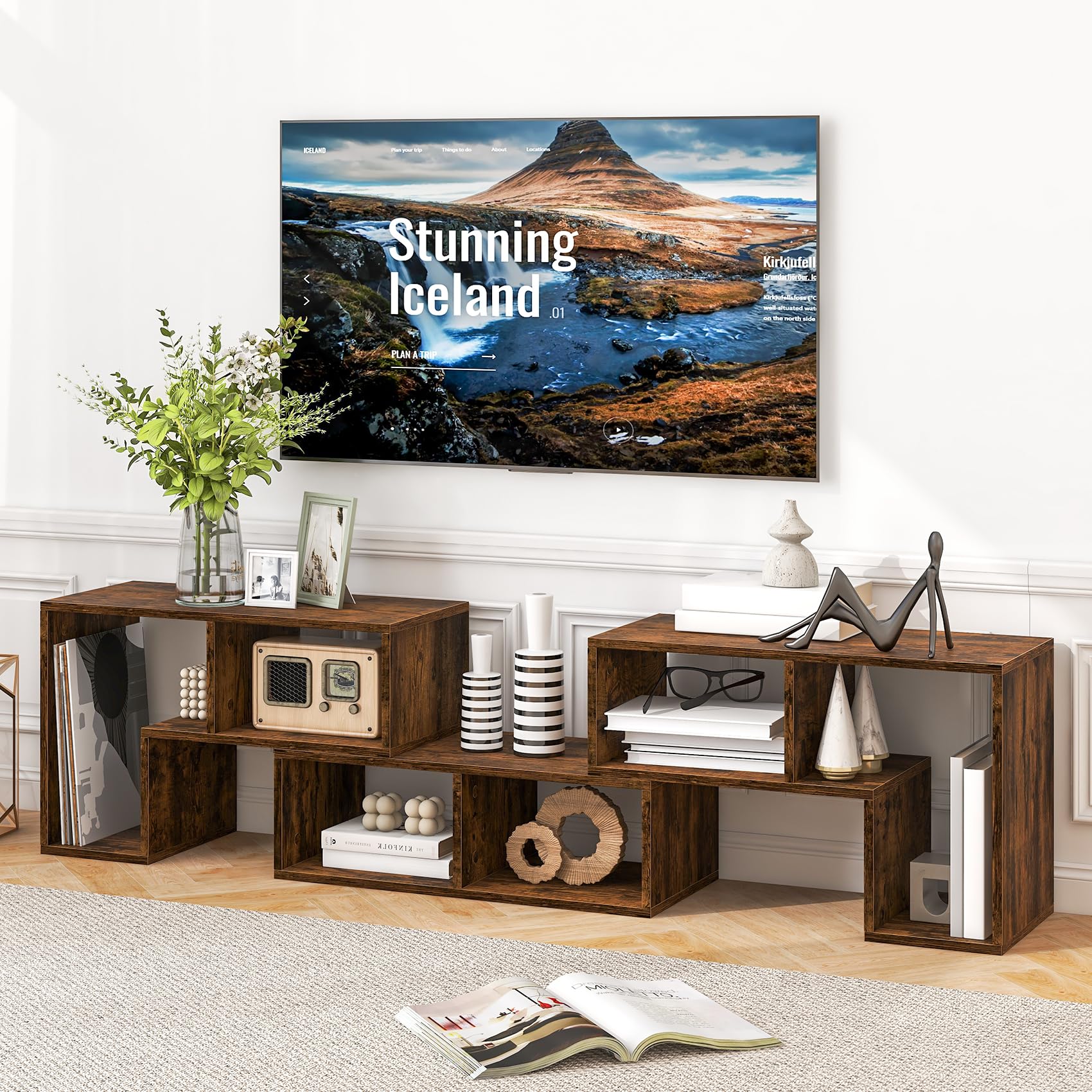 GYMAX Mobile TV a 3 Pezzi, per TV Fino a 65’’, Liberamente Combinabile, per Soggiorno, Camera da Letto, 134 x 30 x 43 cm (MARRONE)