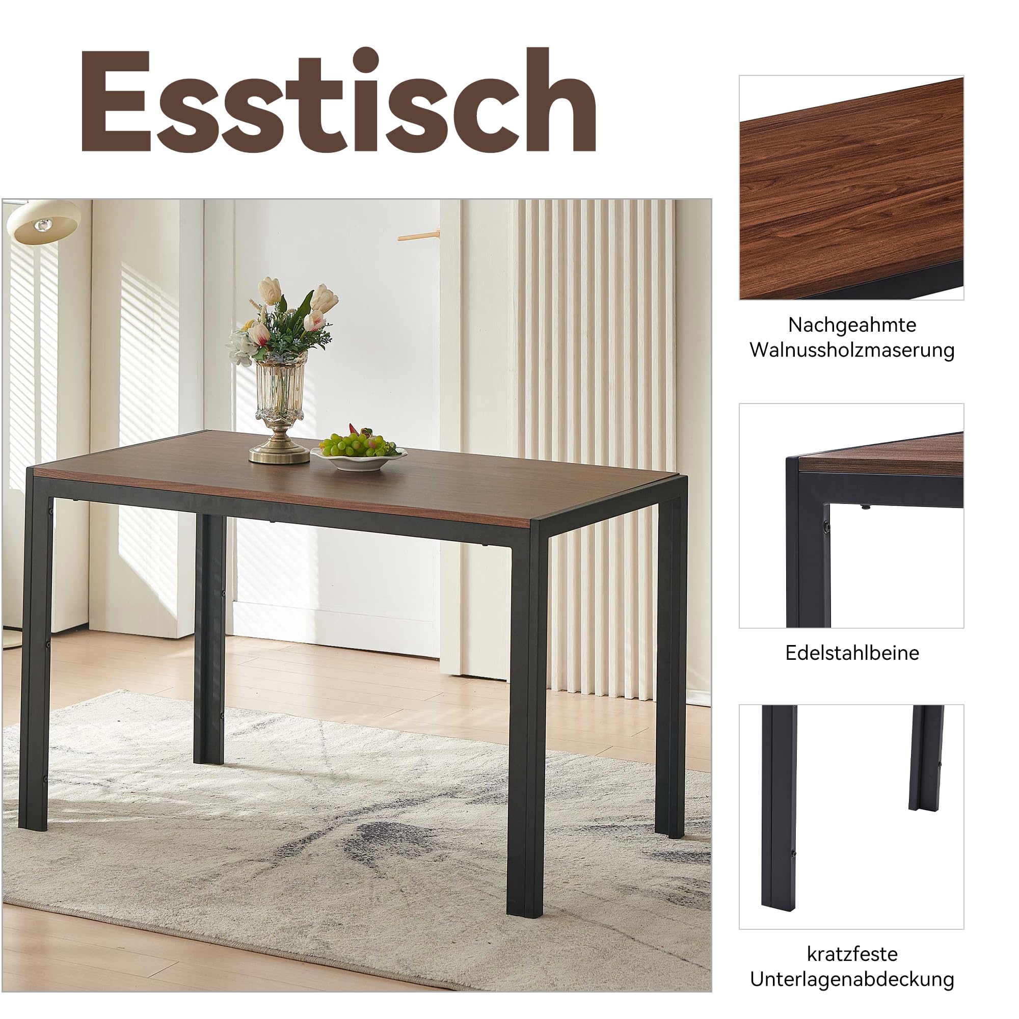 NORDICANA Esstisch, Schreibtisch, 120x70x75 cm Tisch, Küchentisch mit Eichenholz-Masereffekt, für 4 Personen, Landhausstil, mit Stahlbeinen, Tischplatte aus MDF, für Esszimmer, Homeoffice, Küche