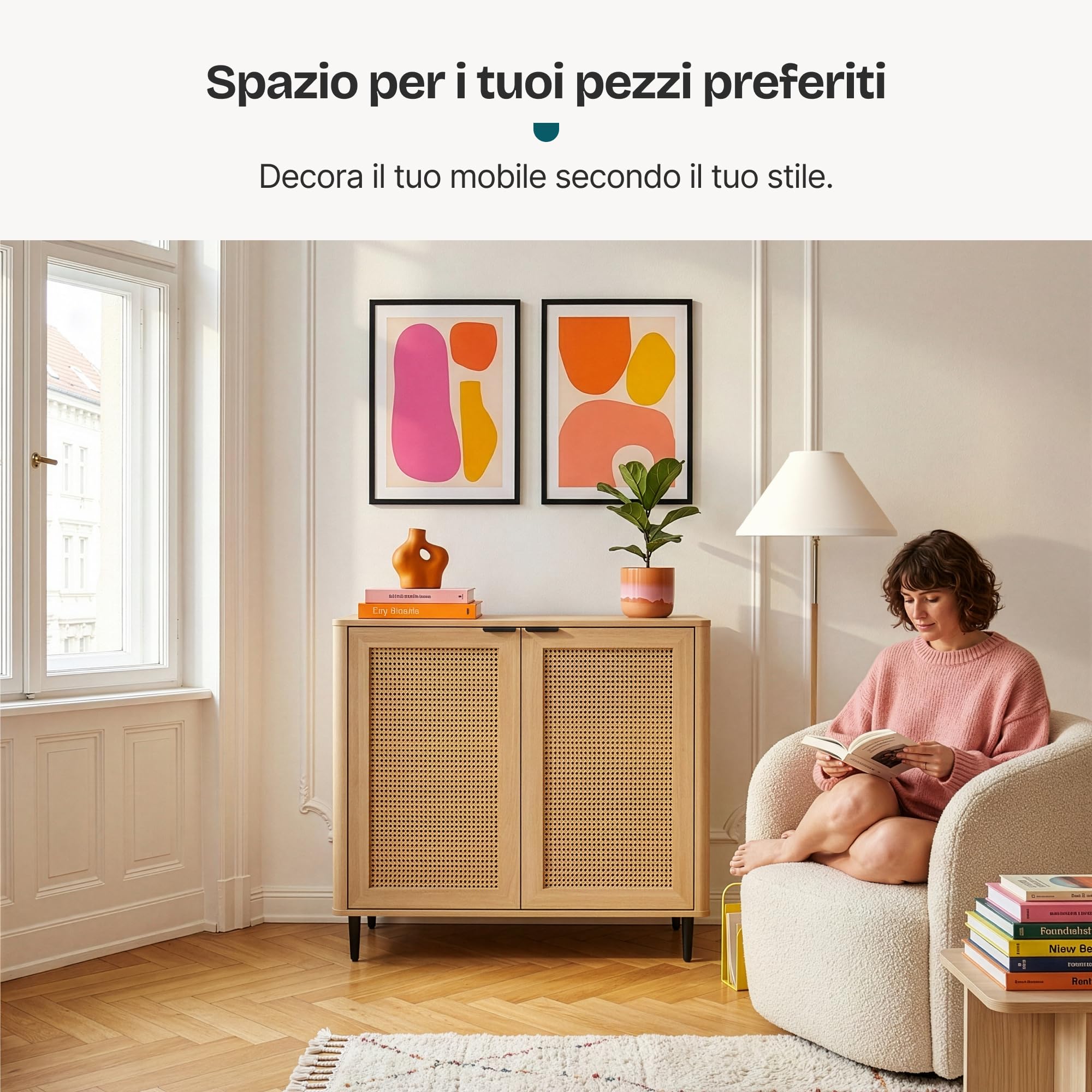 [en.casa] Credenza Bassa Ante con Inserto Intreccio Effetto Rattan Armadio Basso Madia Moderna per Soggiorno Ingresso Sala da Pranzo 83 x 80 x 40 cm Effetto Rovere