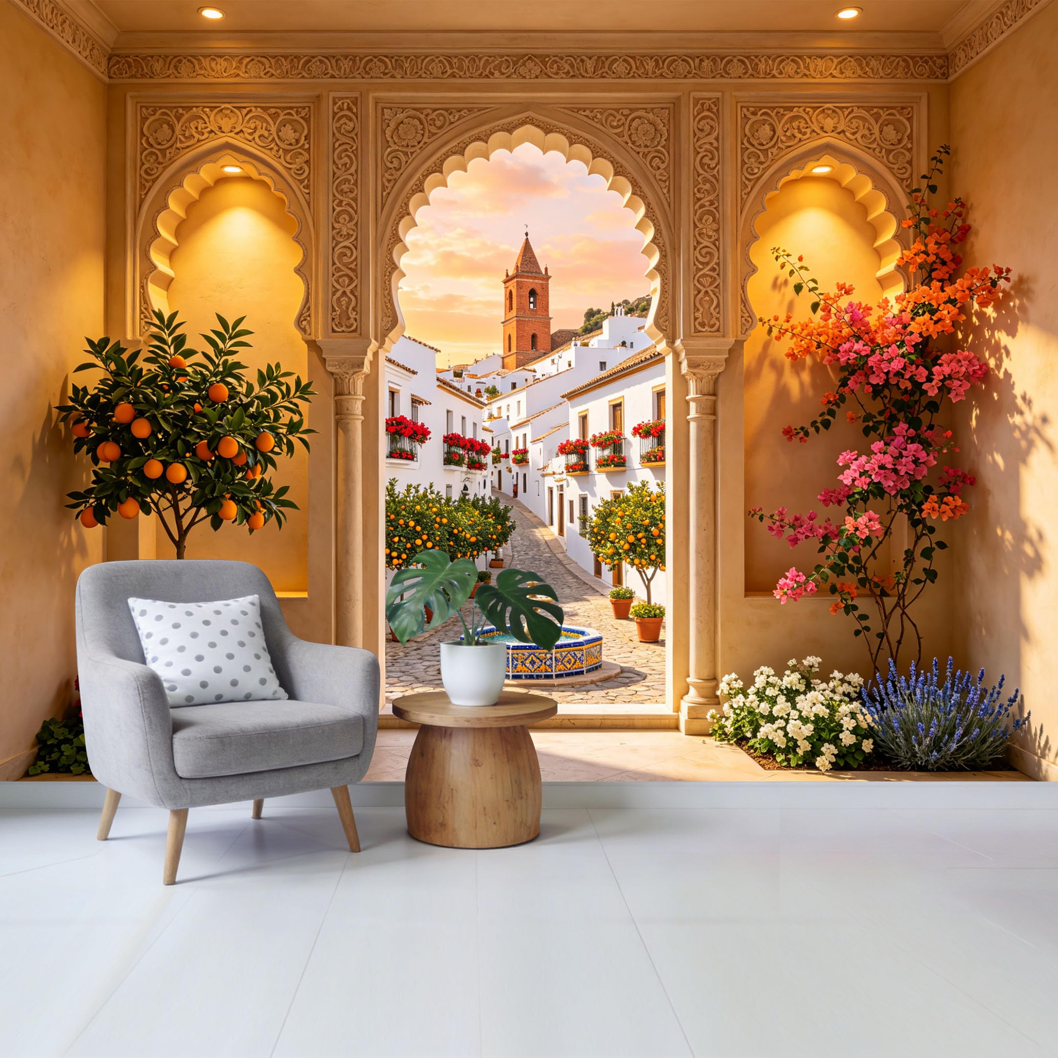 Custom Size Wall Mural Mediterranean Courtyard with Orange Trees and Fountain Landscape Removable Self Adhesive Fabric Home Wall Decor for Living Room Bedroom Bathroom