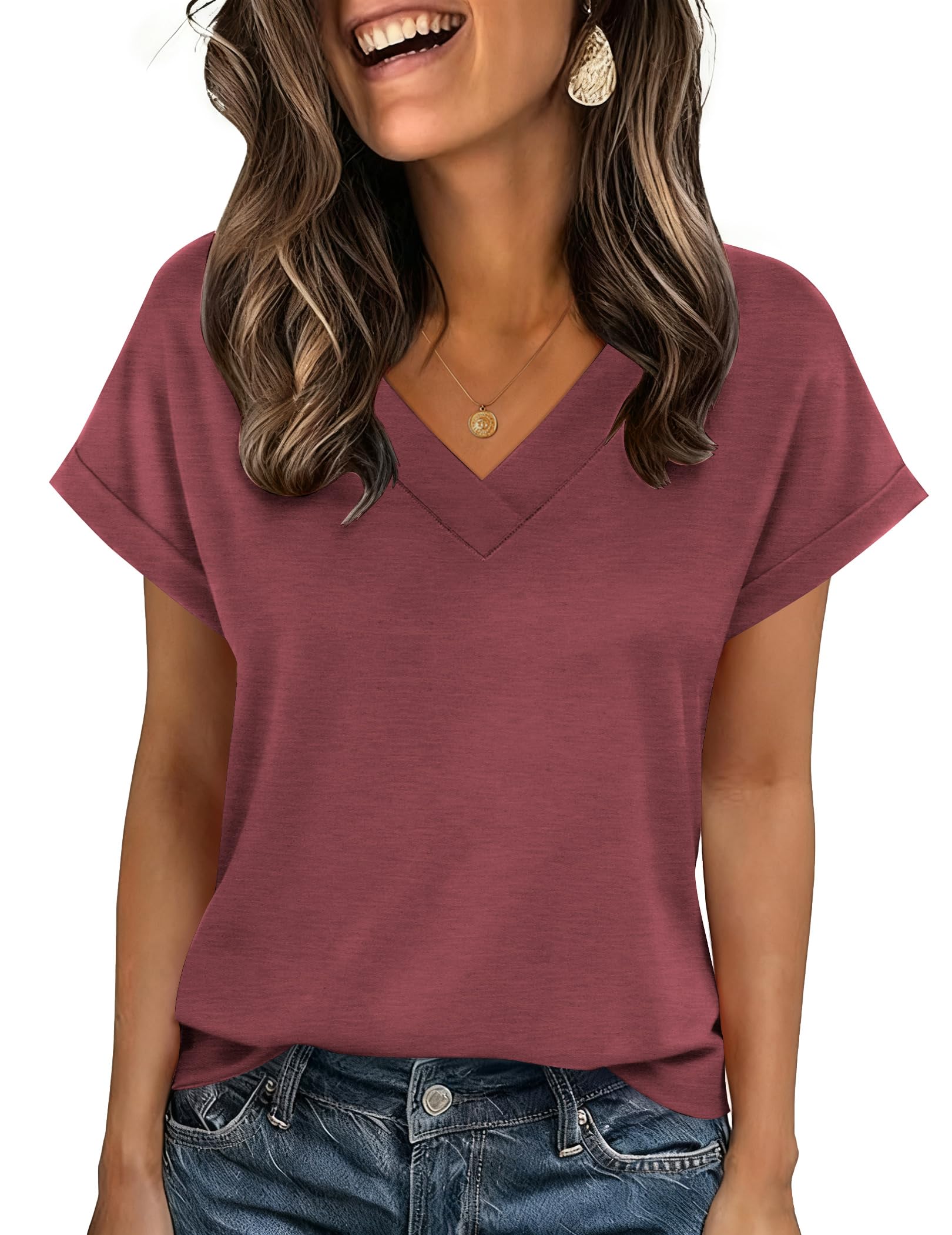 Zeagoo Tshirt Damen V Ausschnitt Kurzarm Oberteil Sommer Elegant Locker Shirts Casual Einfarbig Basic Tops S-2XL