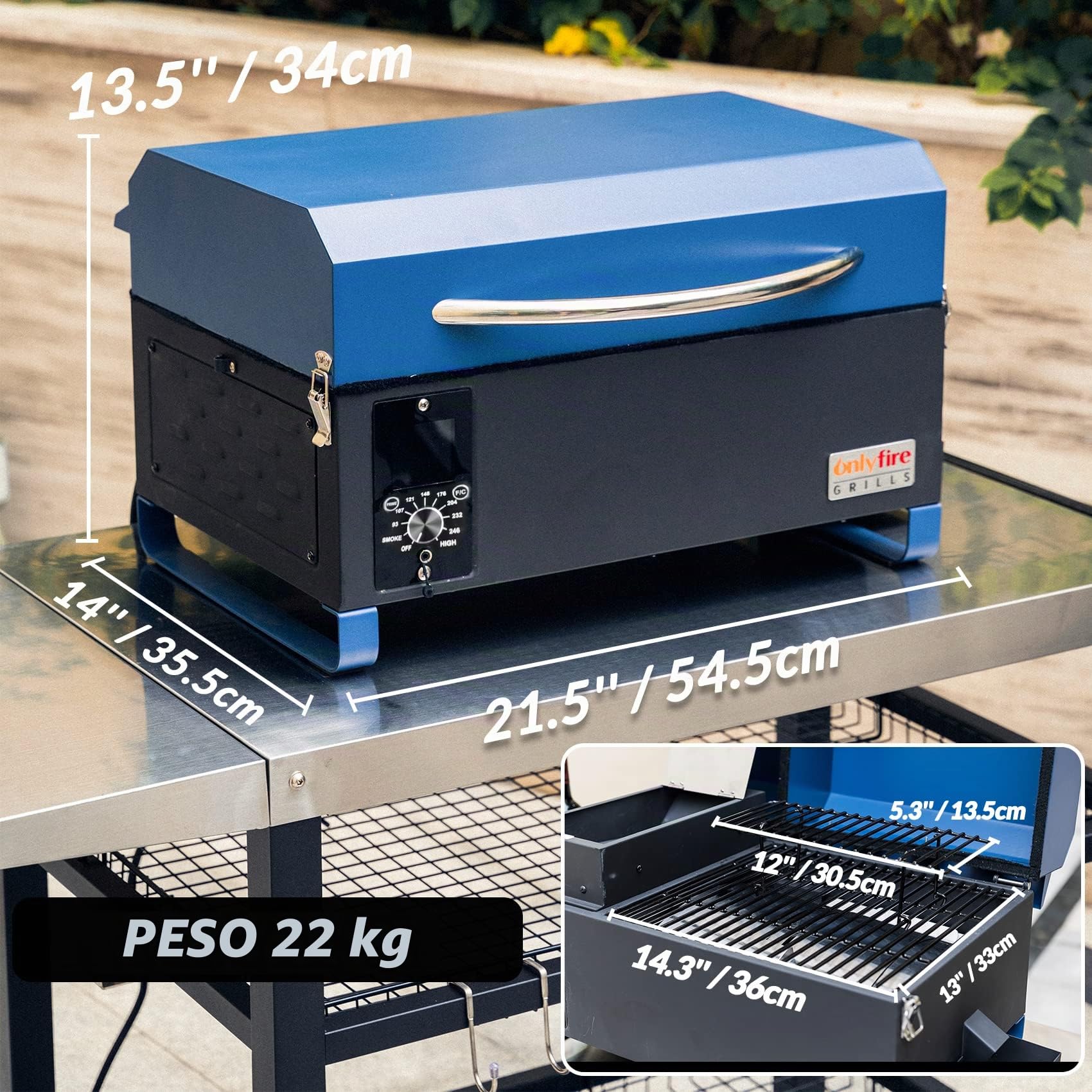 onlyfire Ahumador De Pellets para Barbacoa, Portátil, 8 en 1, Multifunción, para Exteriores Camping con Control Automático de Temperatura, Sonda para Carne y área de Cocción de 2 Niveles, Azul