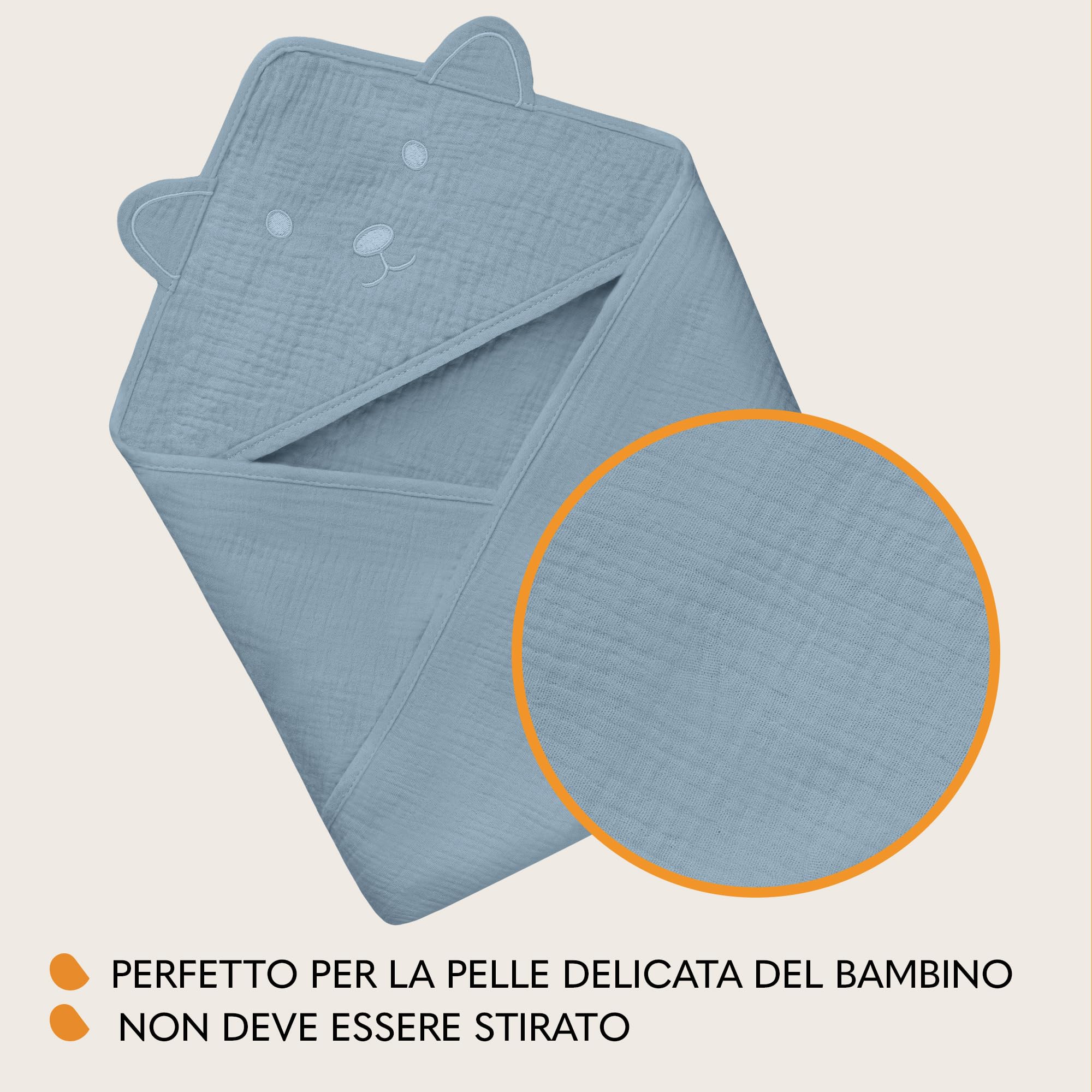 lionelo MUSLIN HOODED TOWEL Asciugamano con Cappuccio 80x80cm per neonato 100% Cotone Naturale Swaddle in Mussola dopo Bagnetto Mantella da Bagno Traspirante Morbida per Bambini (Blu, 80x80 cm)