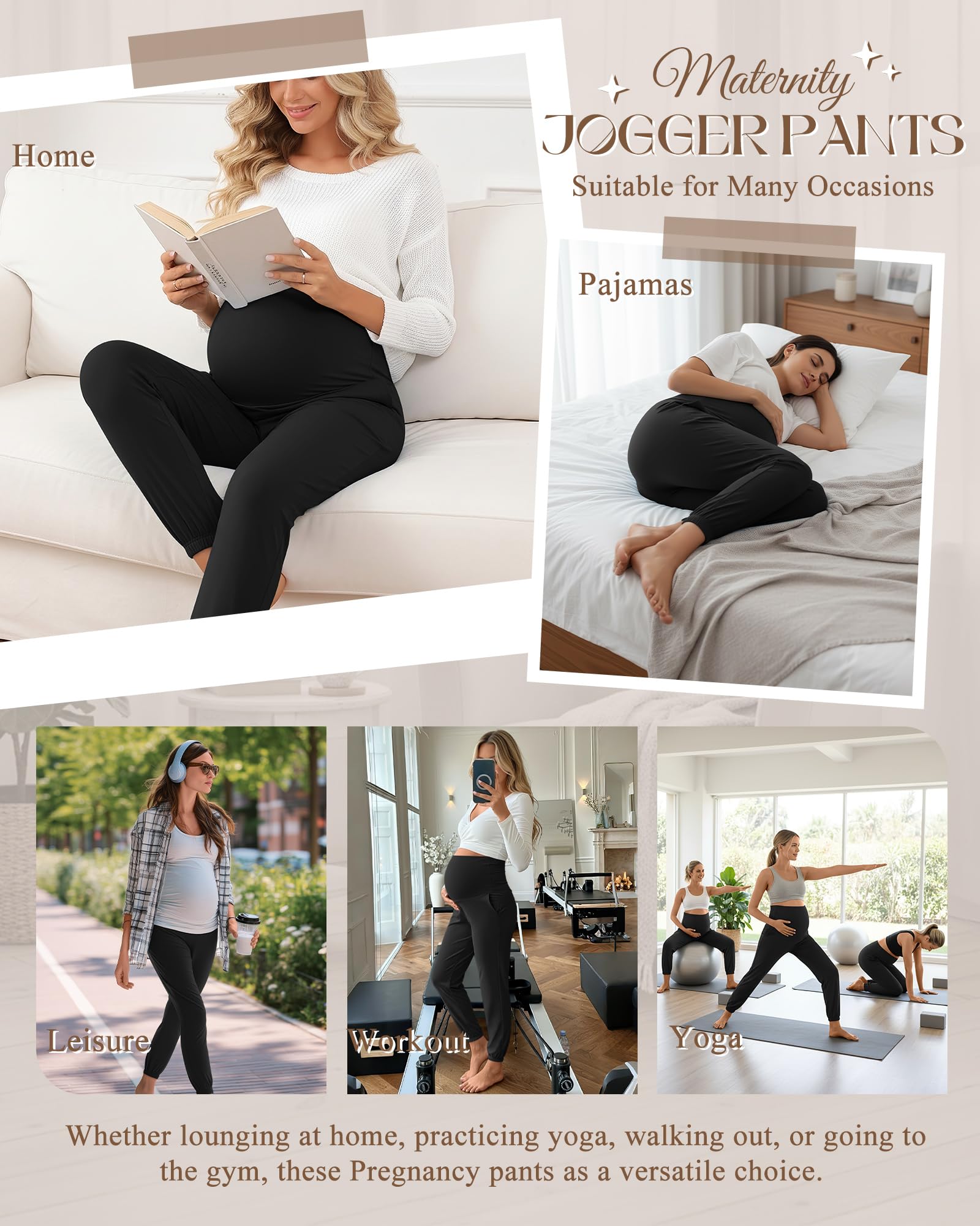 Neer Confezione da 3 pantaloni premaman da donna sopra la pancia, elasticizzati, pantaloni casual da salotto con tasche