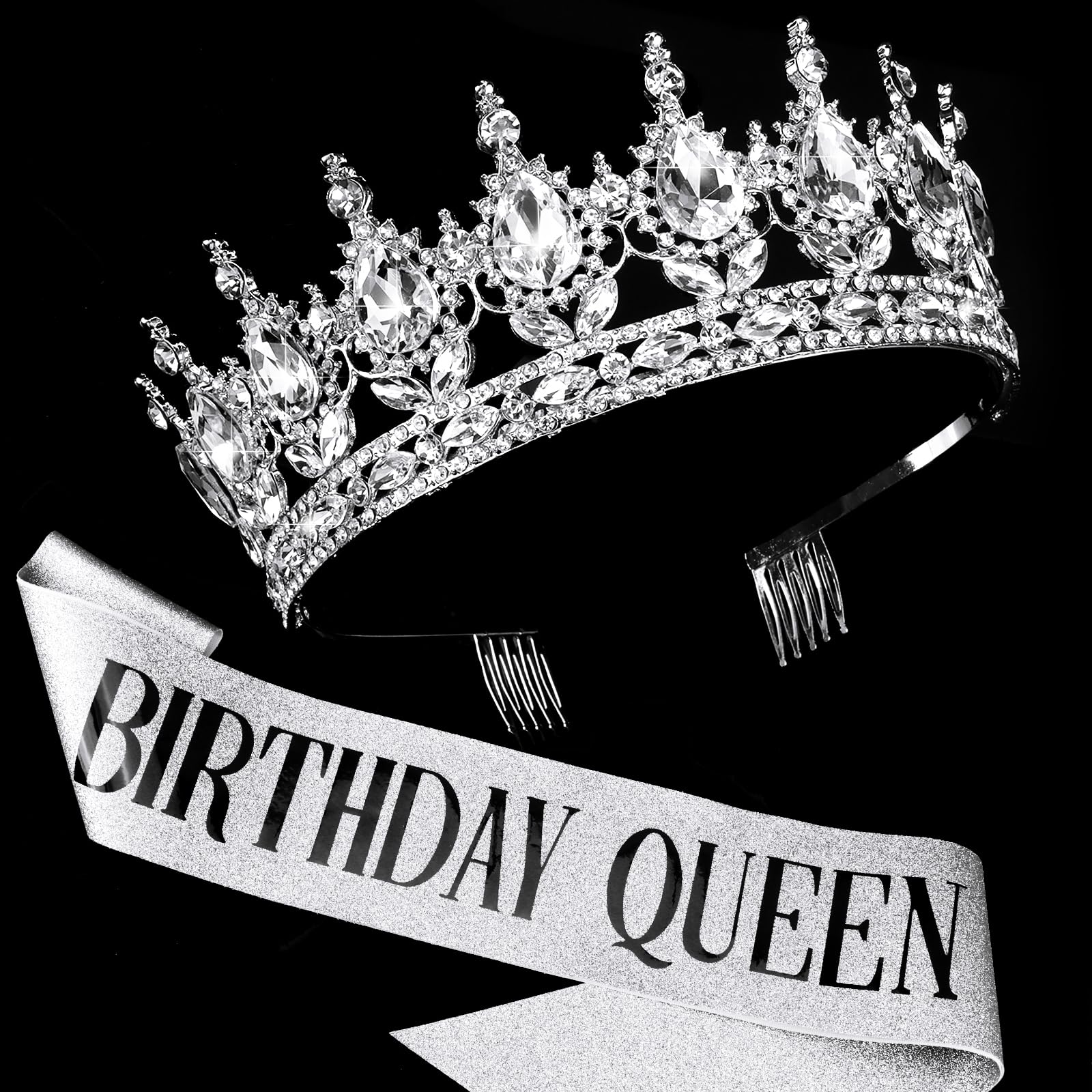 KICOSY Birthday Crown and Sash - Silver Queen Tiara for Women's Birthday Celebration