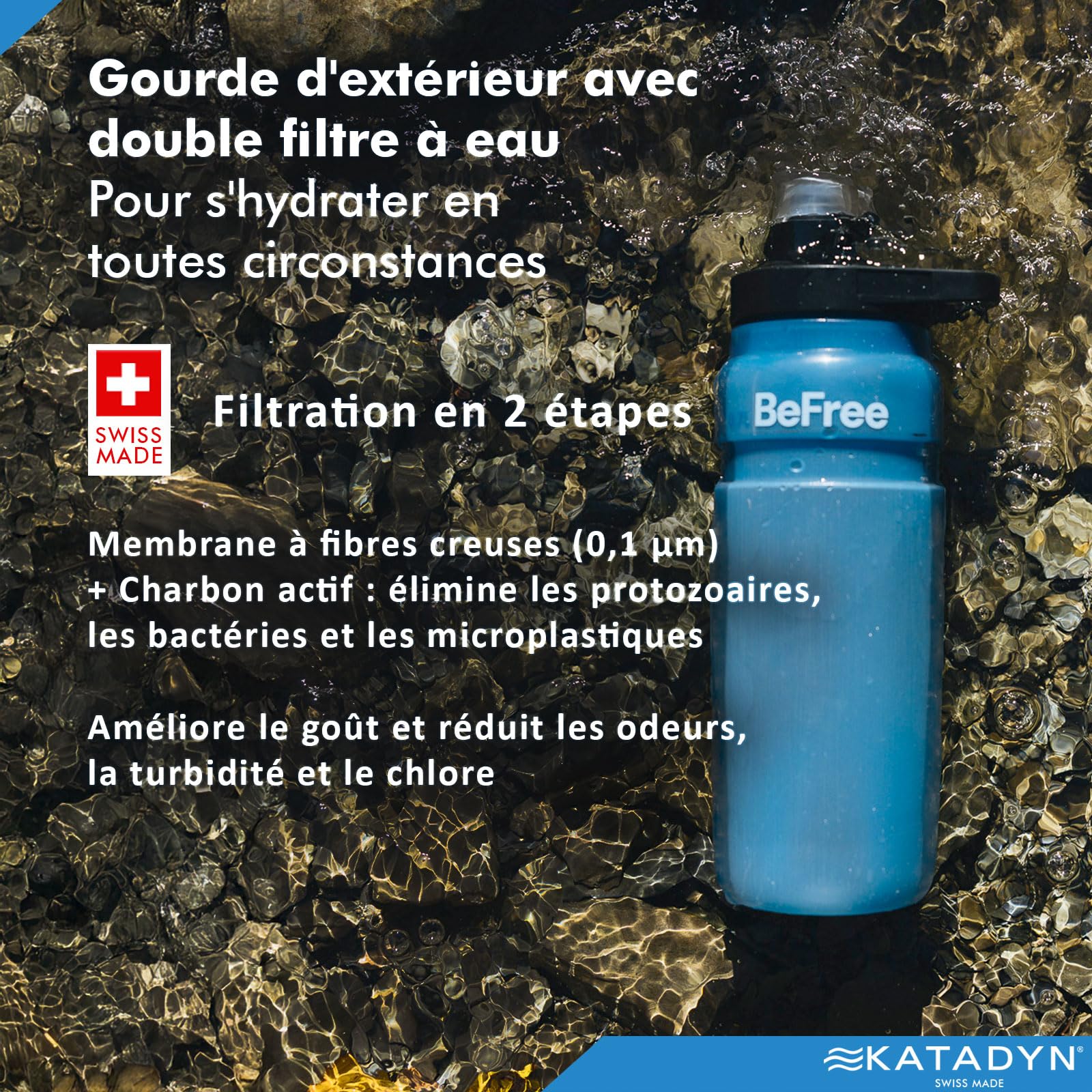 Katadyn BeFree AC Bottle Gourde filtrante à eau ultra légère pour l'extérieur, fibre creuse charbon actif, camping randonnée trekking voyage, filtration portable sans BPA (bleu)