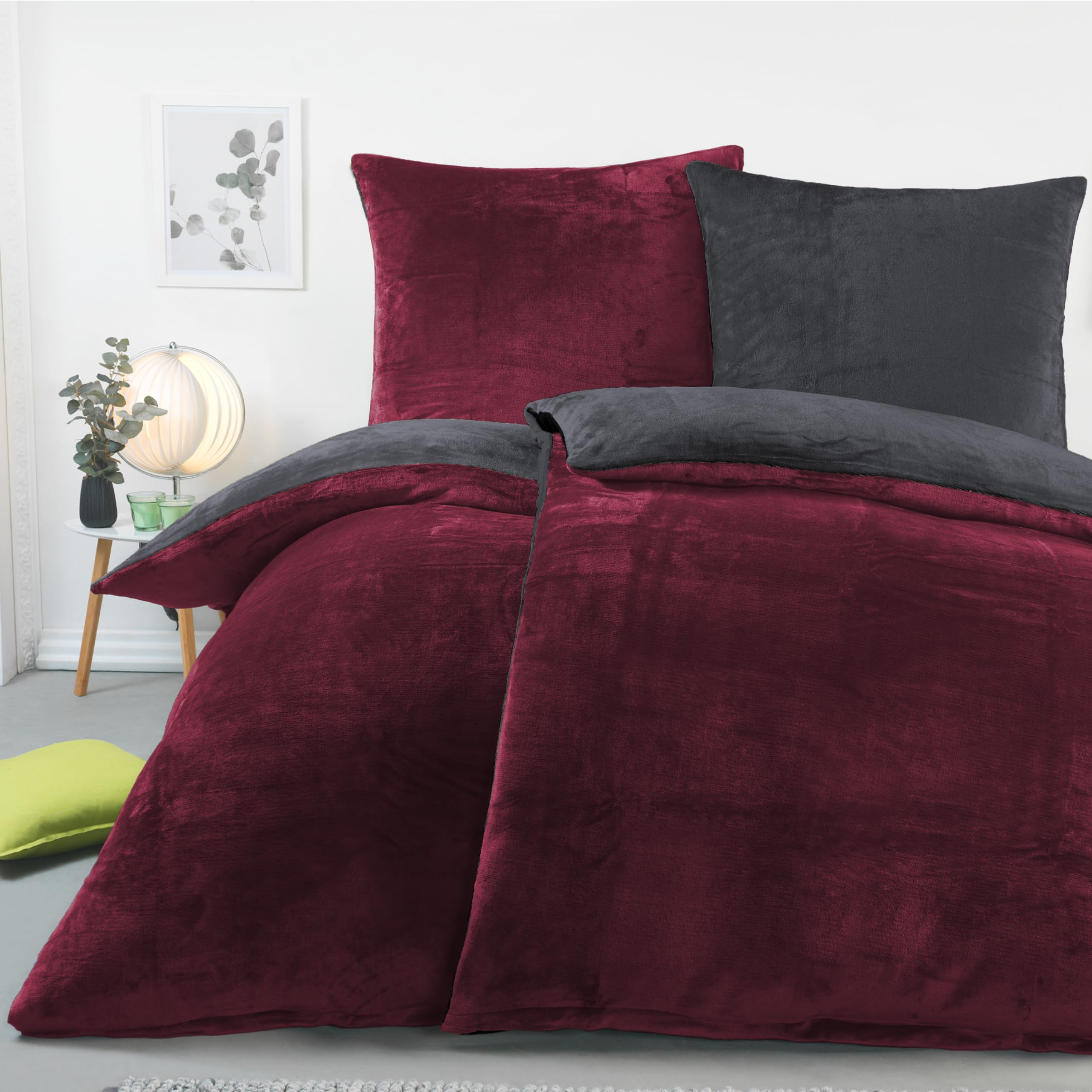 BaSaTex Winter Plüsch Bettwäsche Set, 4tlg. 135x200 cm, Anthrazit Bordeaux