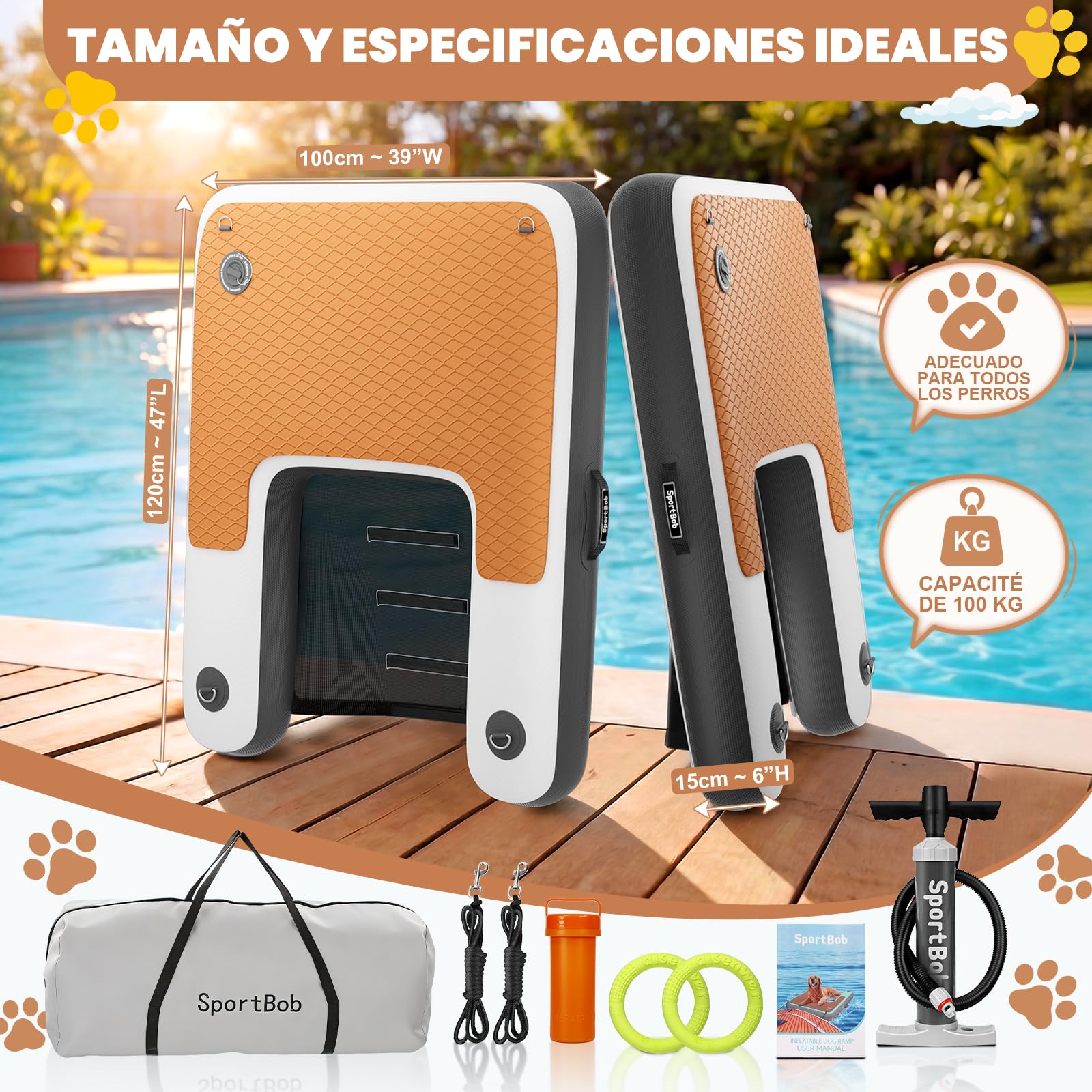 120 x 100 cm Rampa de Agua Hinchable para Perros, Resistente a los Desgarros y Duradera, Rampa Hinchable para Perros de hasta 100kg, Ideal para Piscinas, Barcos, Muelles y Lagos