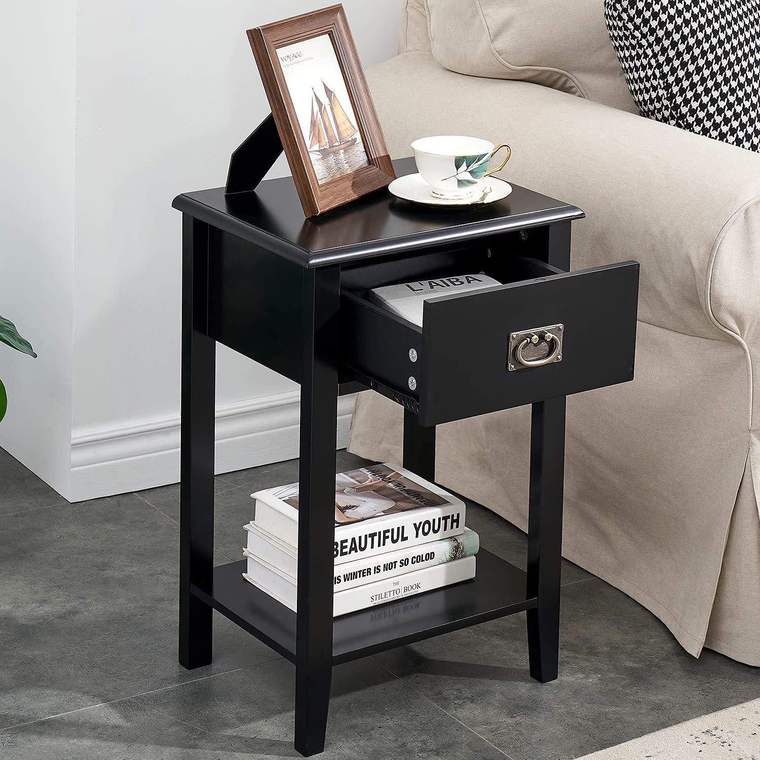VECELO Nightstands Set of 2 Side/End Tables for Living Room Bedside with One Drawer, Vintage Accent Furniture for Small Space, Solid Wood Legs, Black