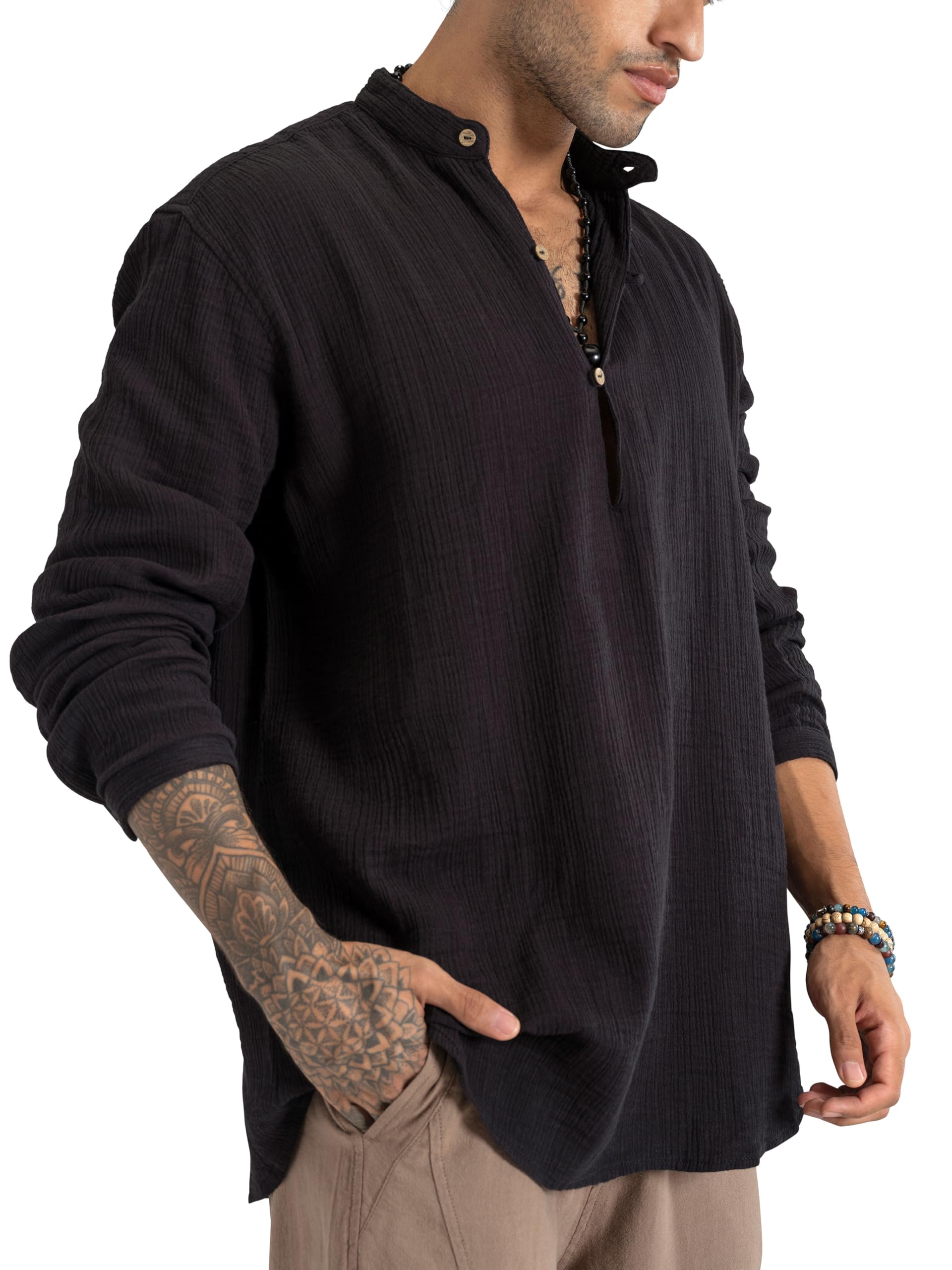 the veshti company Cabana Crinkle Kurta Shirt for Men | 100% Cotton Relaxed Fit Lightweight Henley Shirt | Casual-picture-10
