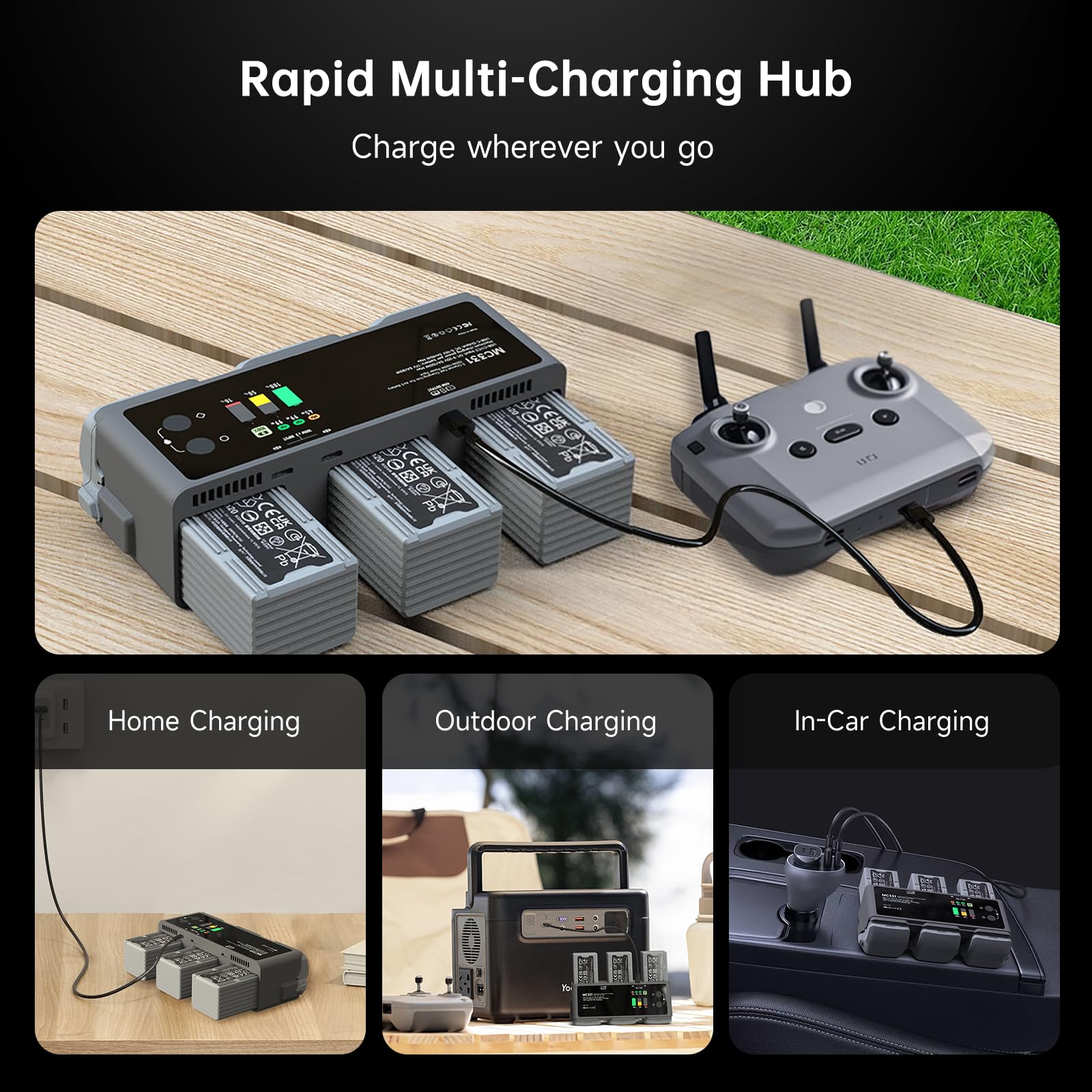 LIMETA Hub Carga Rápida 200W para dji Air 3/Air 3S Accesorios - Multifunción de Descarga Cargador 3 Baterías Drone con Luz LED + Adaptador DC MC331