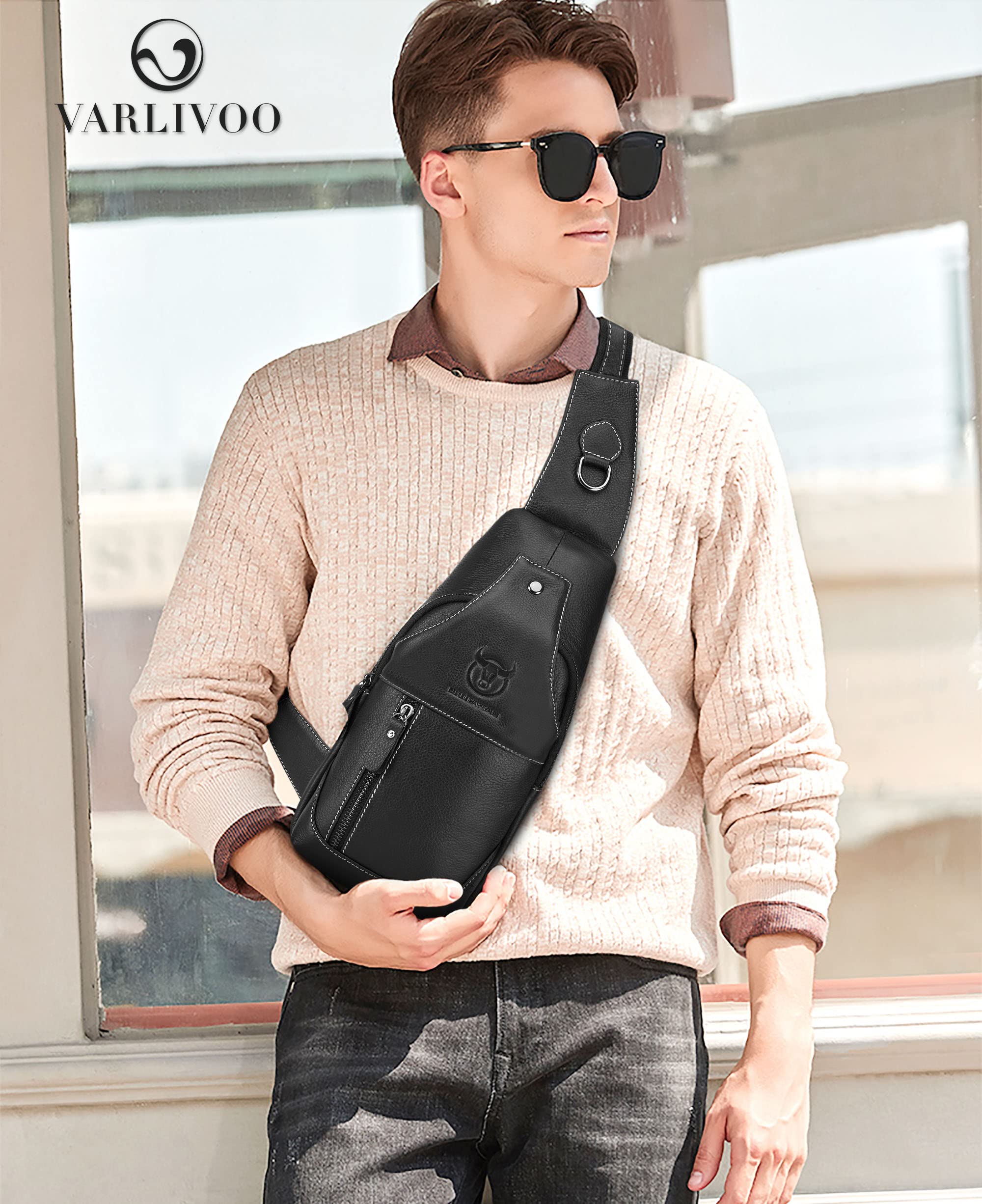 VARLIVOO Retro Bolsos de Hombro para Hombre Sling Bag con USB Port Bolsos Cruzados Bandolera Bolsa de Pecho Crossbody Bolsa Viajar Negocio Sling Backpack Impermeable Cuero Negro