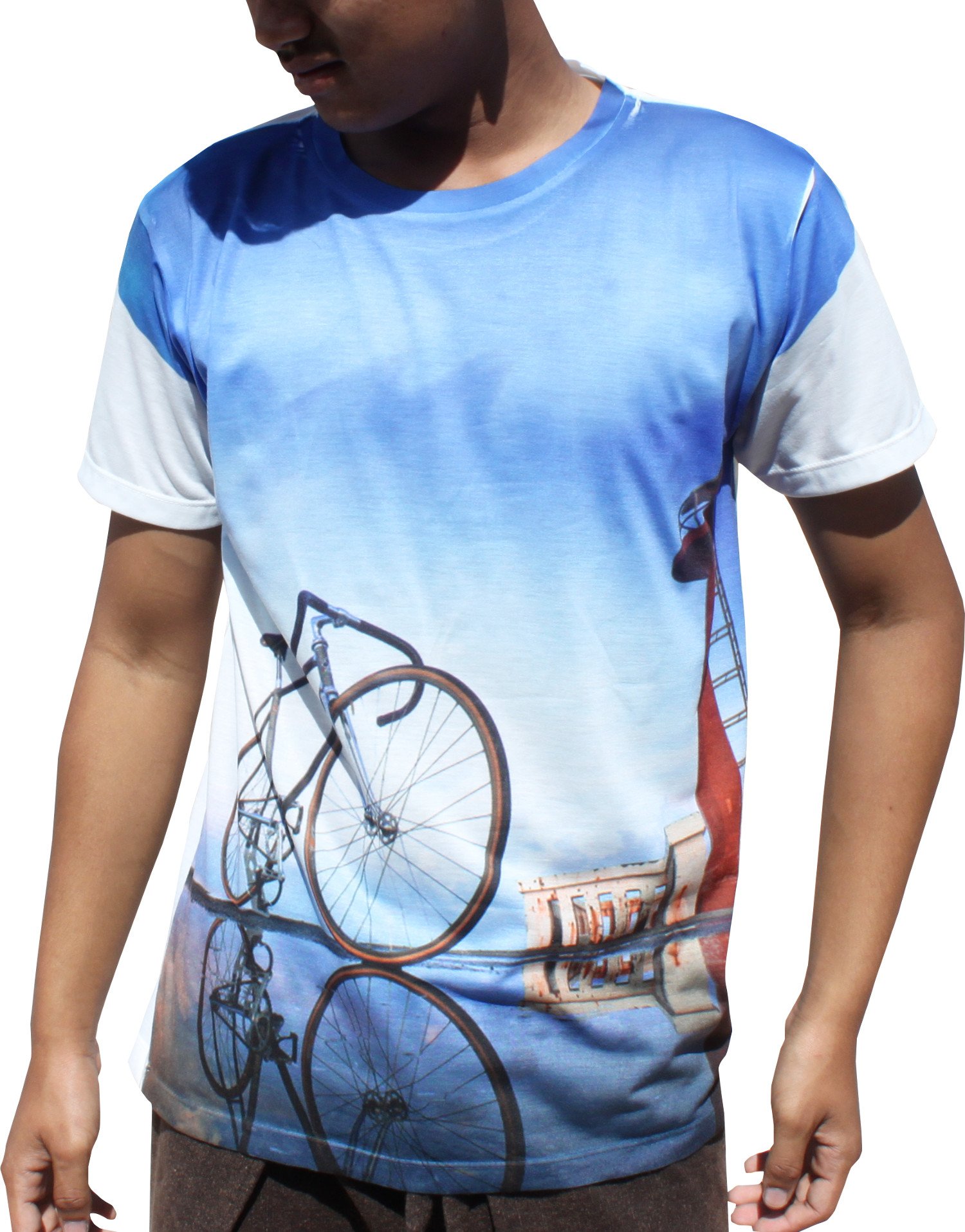 Full Funk Sheen T-Shirt with Bicycle Skyline Refelection Art Work
