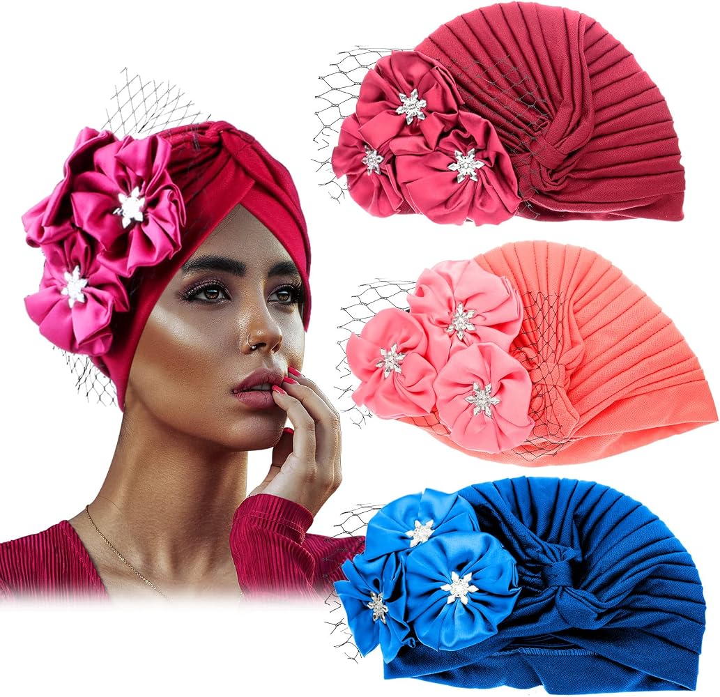 Beautiful Vintage Flower Turban Fascinator Cover Alopecia Chemo Church D… LINASHI Women Solid Color Turban Church Hats Flower Turban  main image 3