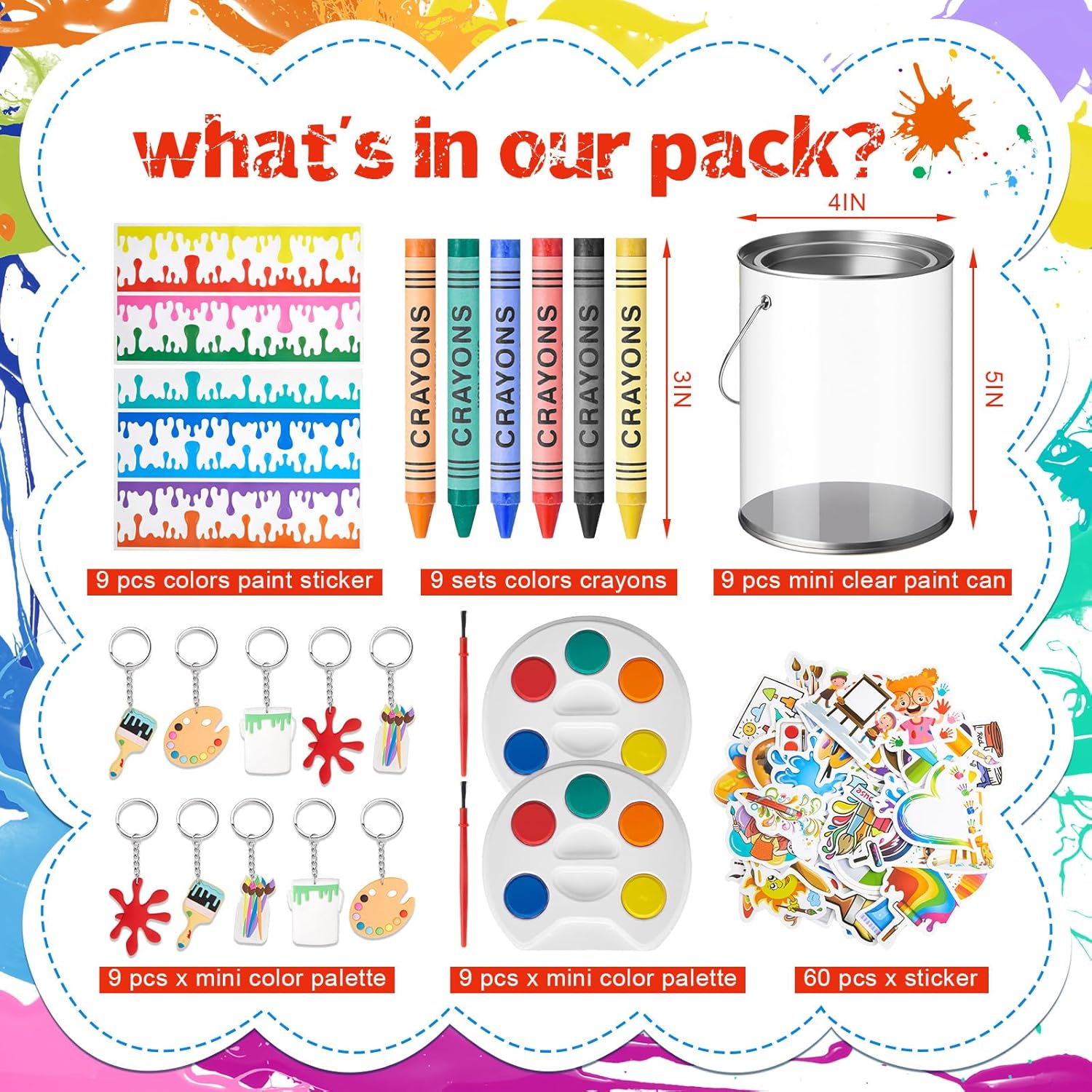 38 Pcs Paint Party Favors Mini Watercolor Paint Set Paint Can Stickers Art Keychain Etc Art Birthday Party Supplies Ideal for Boys and Girls for Paint Themed Party Birthday Party Gift, clear