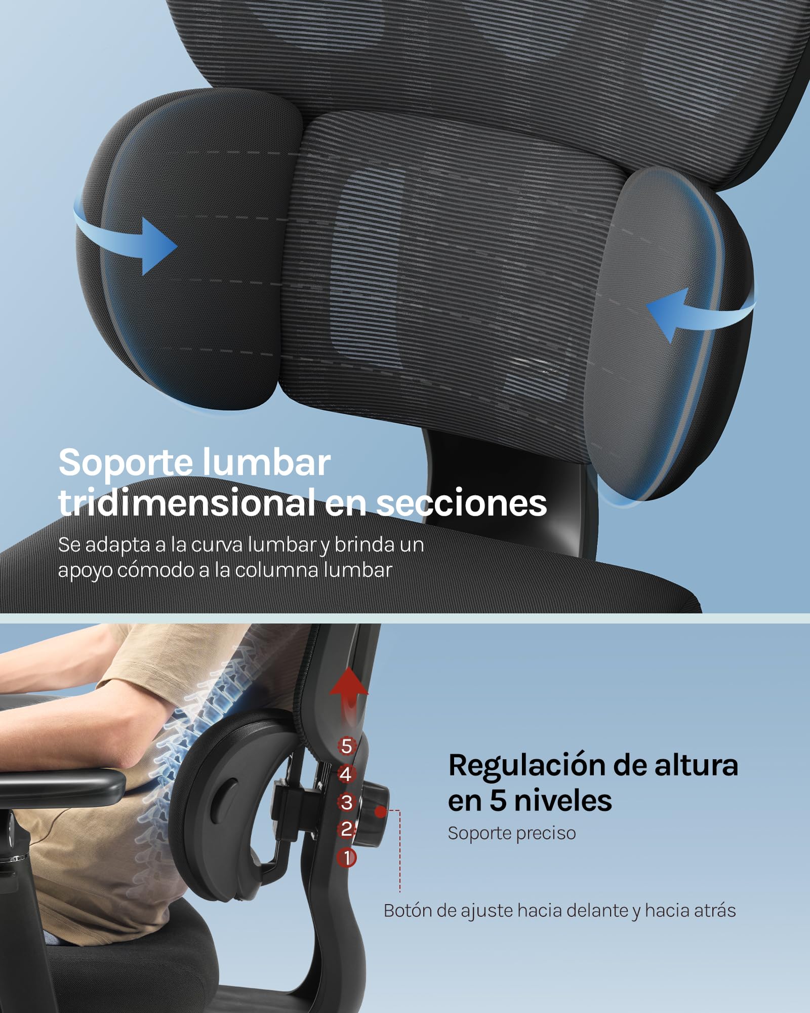 WOLTU Silla de Oficina Ergonómica, Silla Escritorio de Trabajo, Negro | Respaldo Inclinable y Reposapiés, Soporte Lumbar, Reposacabezas 3D, Reposabrazos 6D, en Estudio u Oficina