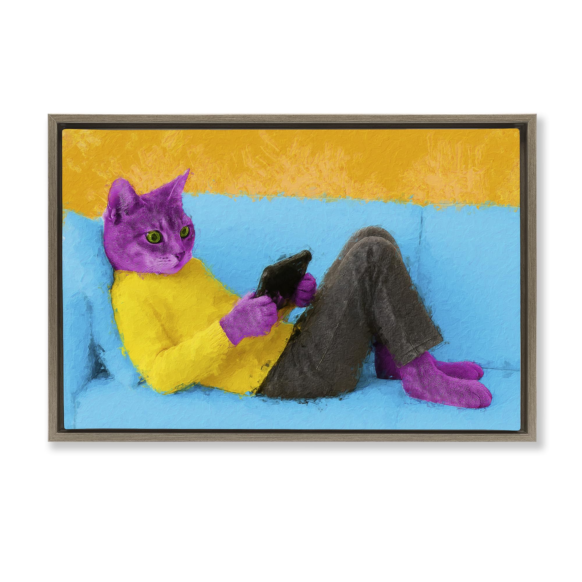 Stupell Industries Montalcino Elm (Textured) 'Vibrant Cat Playing Game'| Floating Frame Canvas Art