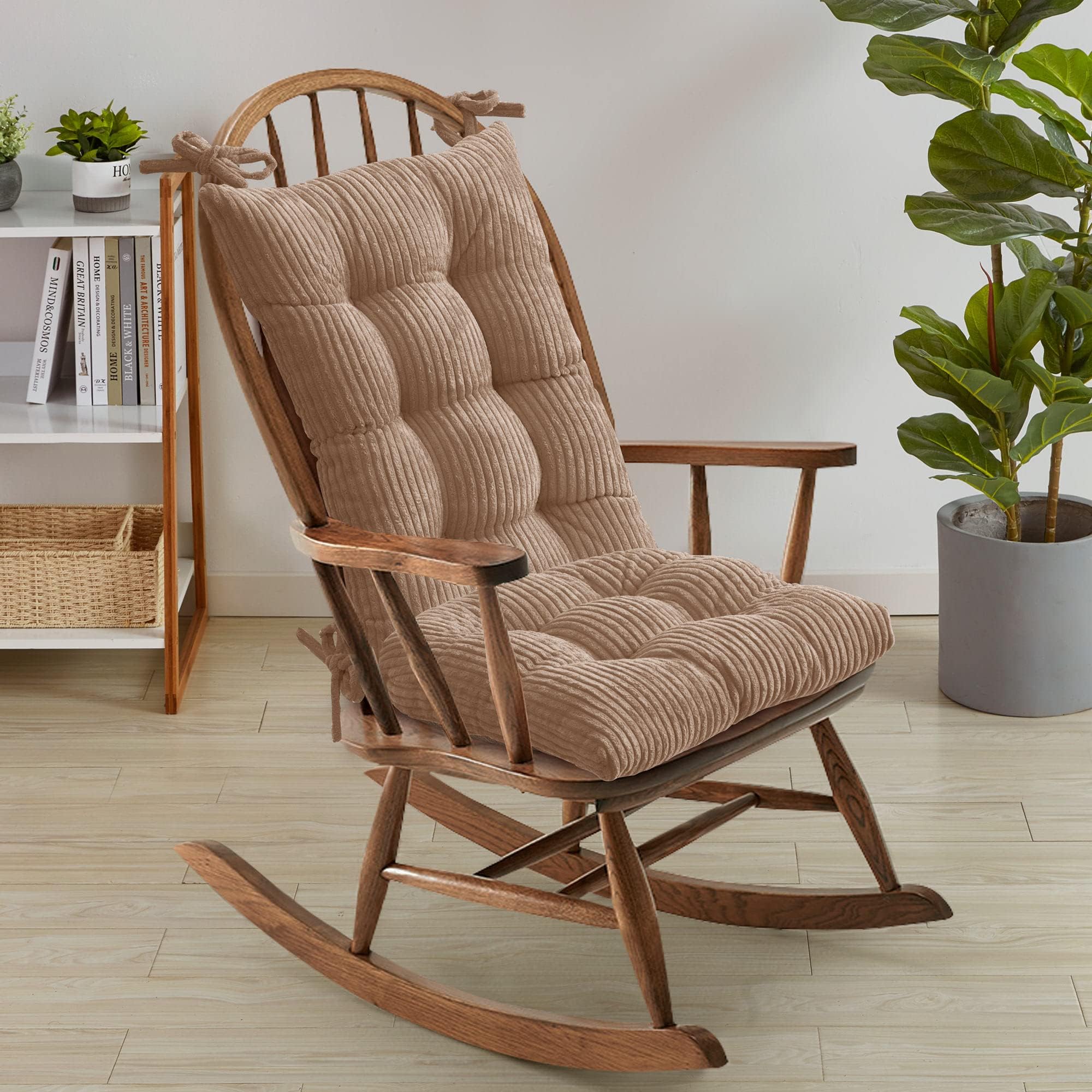 Rocking Chair Cushion Premium Tufted Pads Non Skid Slip Backed Crushed Velvet Cover Set of Upper and Lower with Ties, 21 in x 17 in | 17 in x 17 in, Velvet Taupe