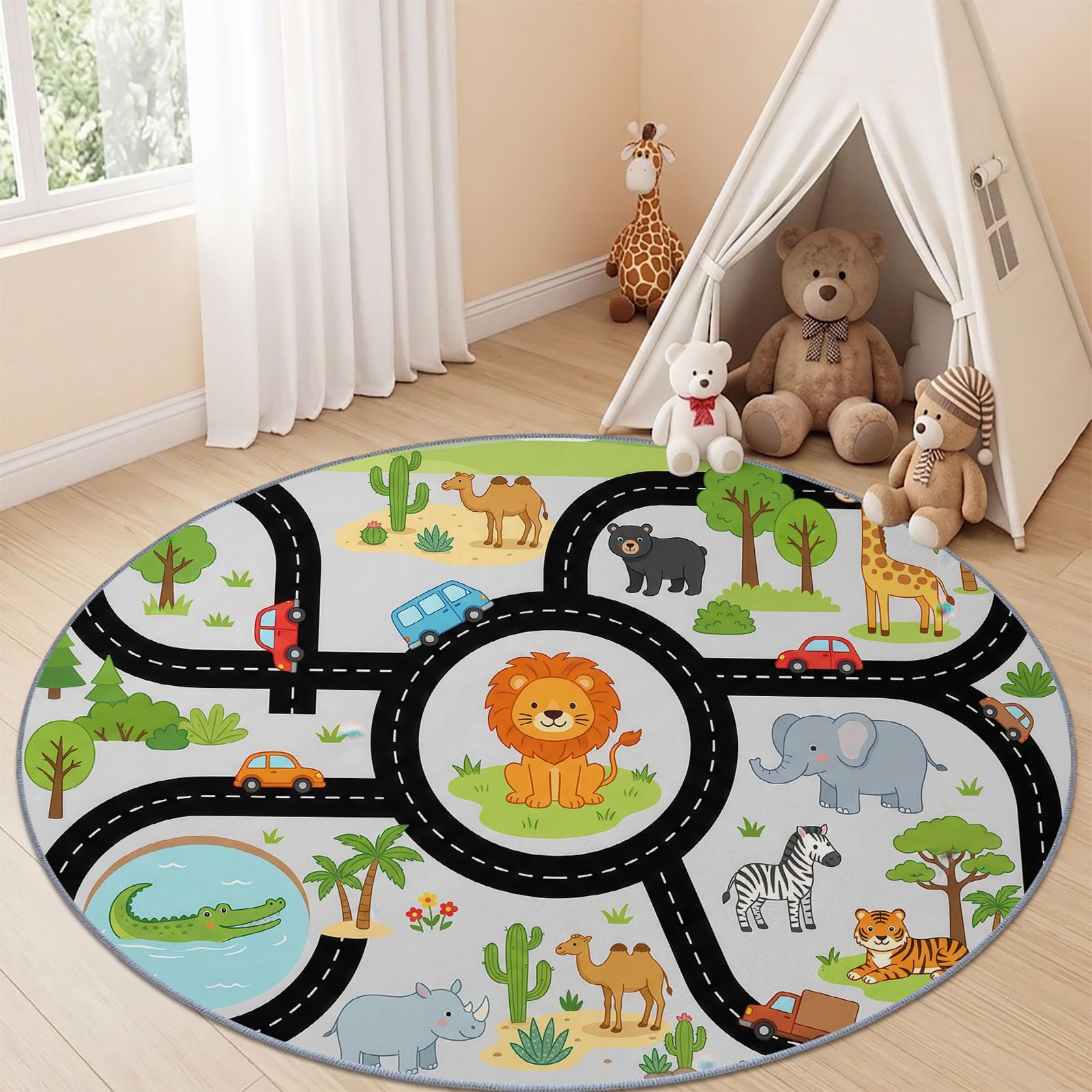 100 cm Tapis Rond De Style Animal Caricature Tapis Carte pour Enfant Lion Ultra Fin, Doux, Antidérapant, Lavable - Convient pour Chambre à Coucher Entrée Salle à Manger Dortoir Familial