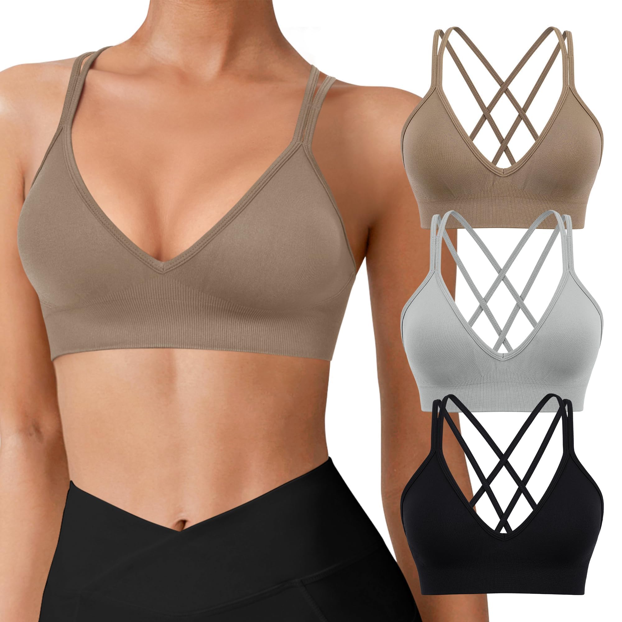 VEQKING Seamless V-Neck Cross Back Women Sports Bra for Small Chest, 3 Pack