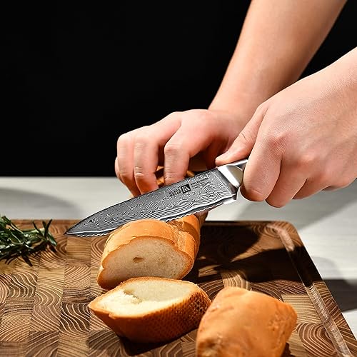 Miniatura 7 de Klaus Meyer Juego de 5 cuchillos de Damasco con bloque de cuchillos de 67 capas, acero de Damasco de alto carbono, juego de cuchillos de cocina