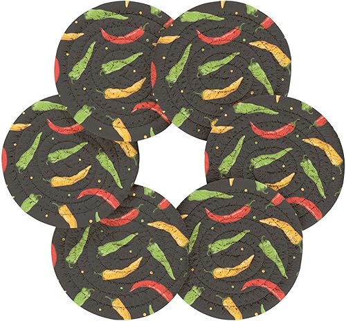 Miniatura 2 de innewgogo Chili Peppers 6 Pcs Absorbent Drink Coasters for Tabletop Protection Handmade Round Woven Coaster with Holder & Heat Water Resistant Bulk