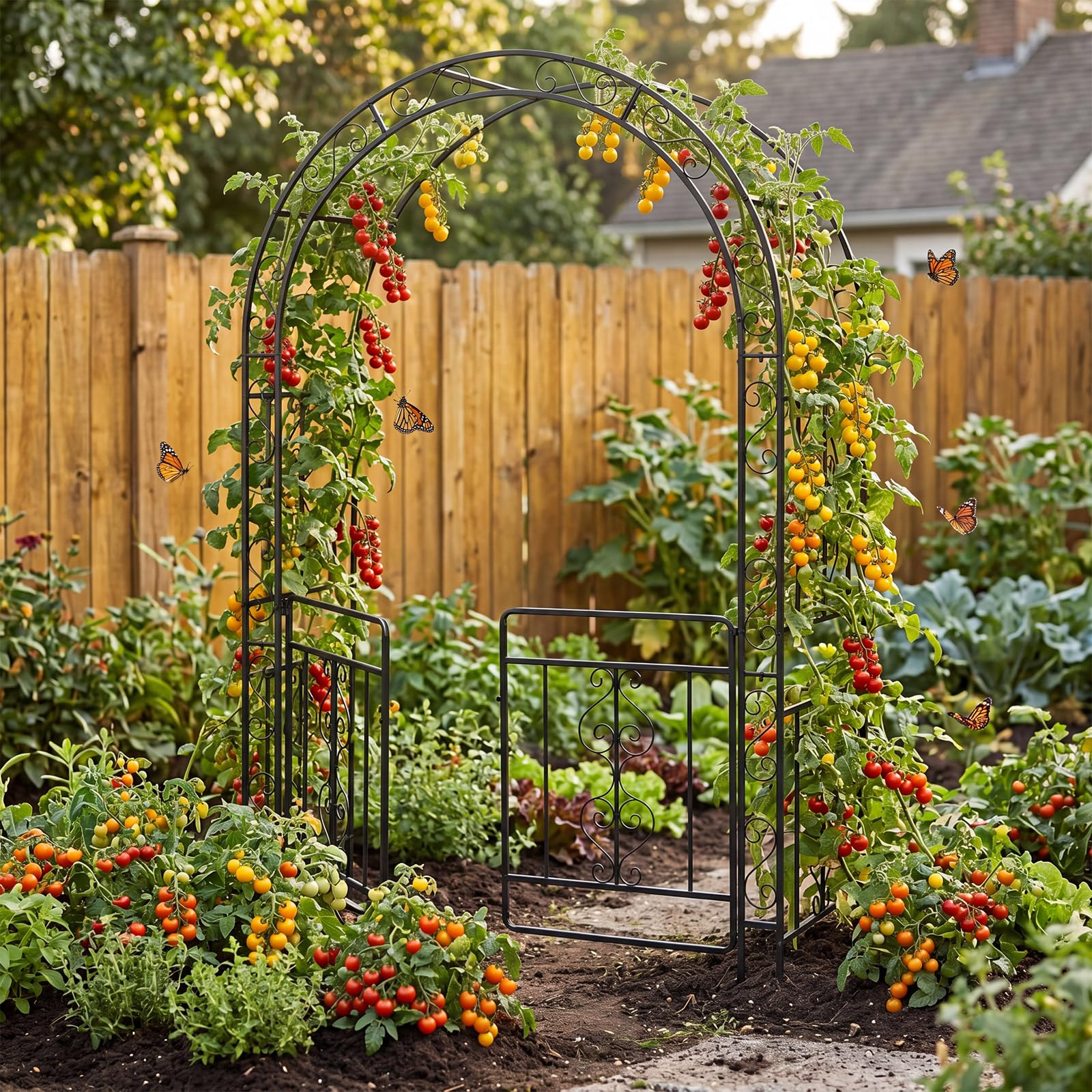 COSTWAY Arco da Giardino con Cancello, Pergolato per Piante Rampicanti | Pergola Decorativa in Metallo con Piedini a Punta e Chiusura, per Rose, Viti e Fiori da Matrimoni e Feste, 135x60x213 cm