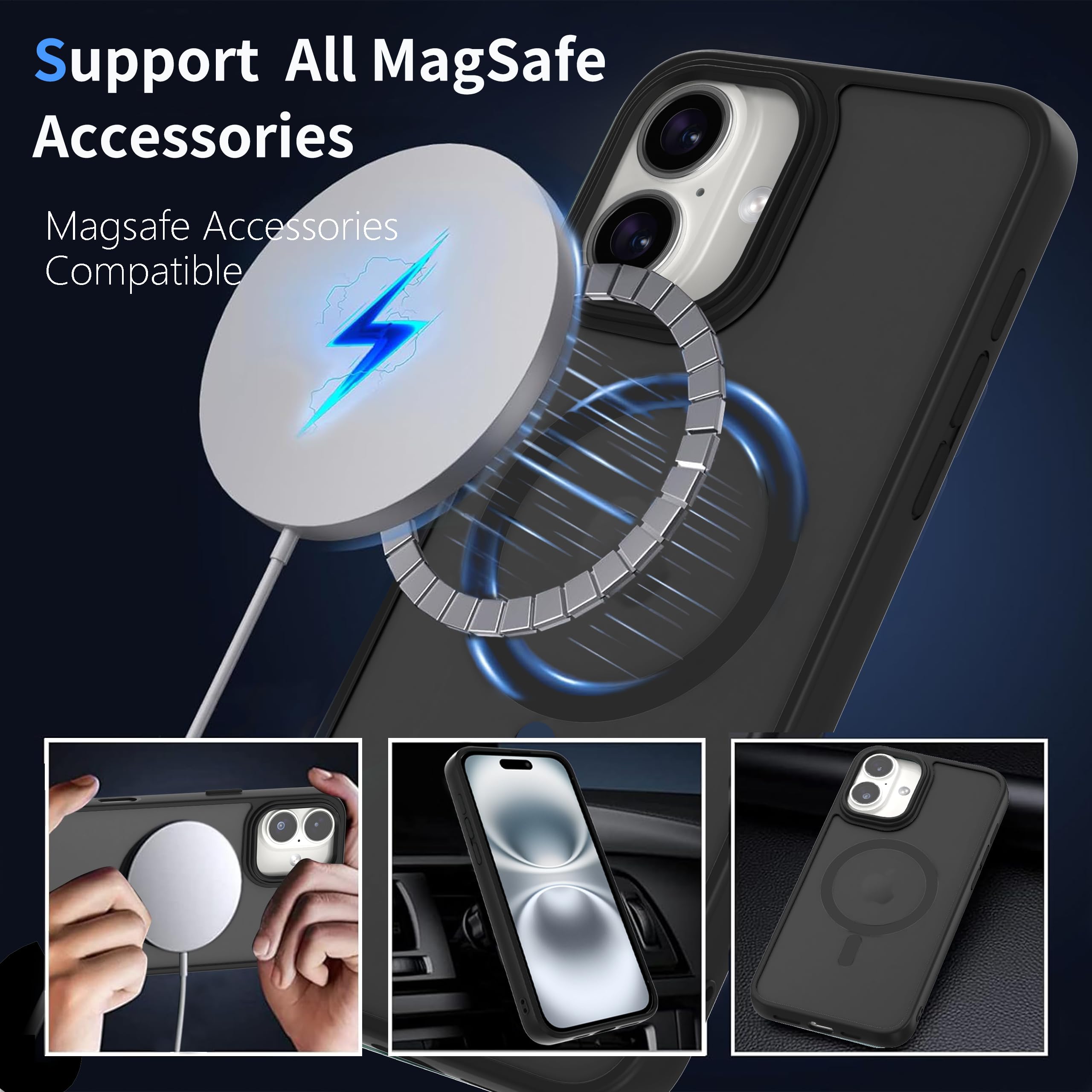 AOMYKE Cover Magnetica per iPhone 16, Custodia iPhone 16 Compatibile con MagSafe, Traslucida Opaca Posteriore Sottile PC+TPU Bumper Antiurto Case - Nero