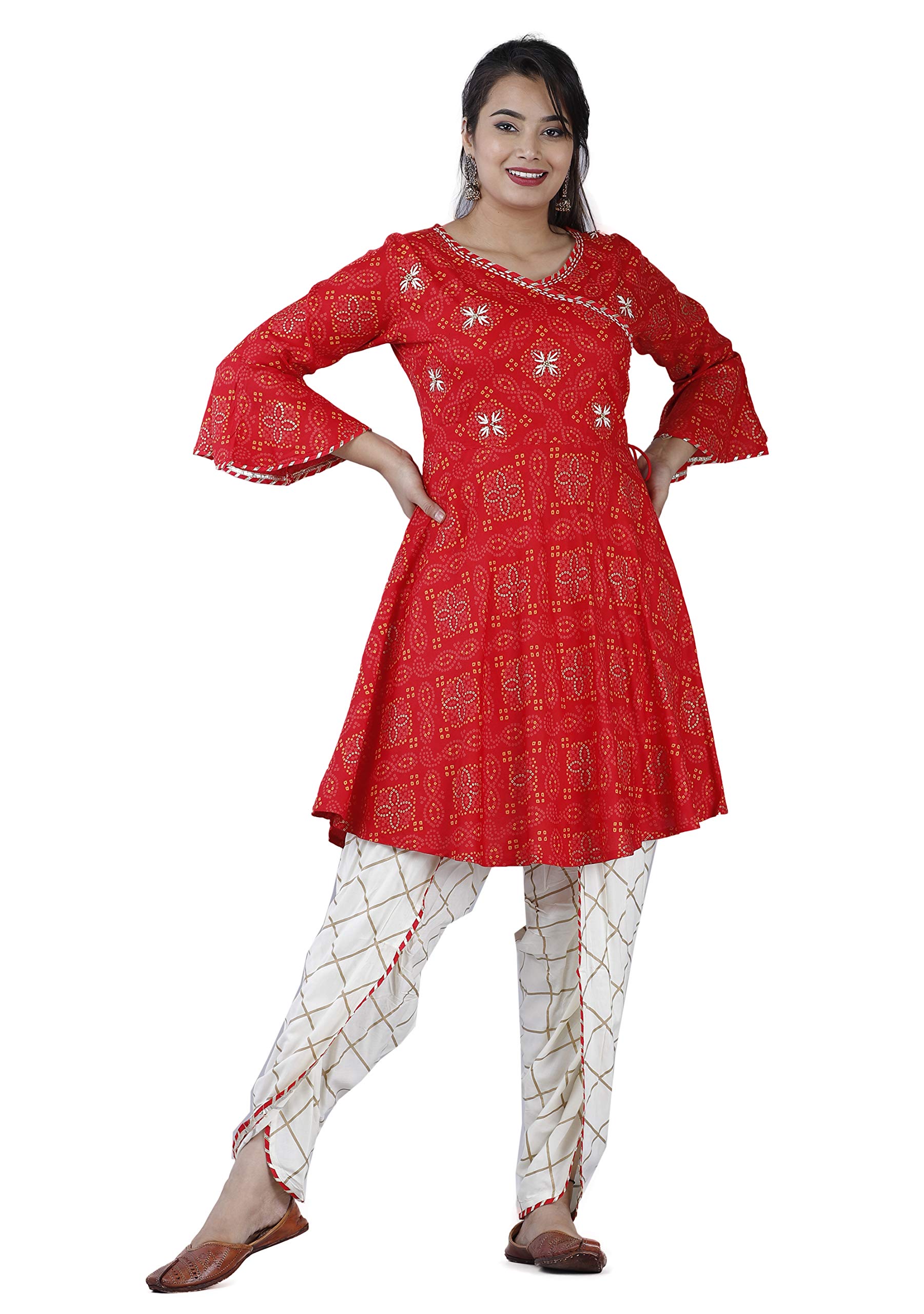 Ashta Vinayak CreationsWomen's Casual Rayon Embroidered Flared Kurti with Dhoti Pant (Red, White, Medium)