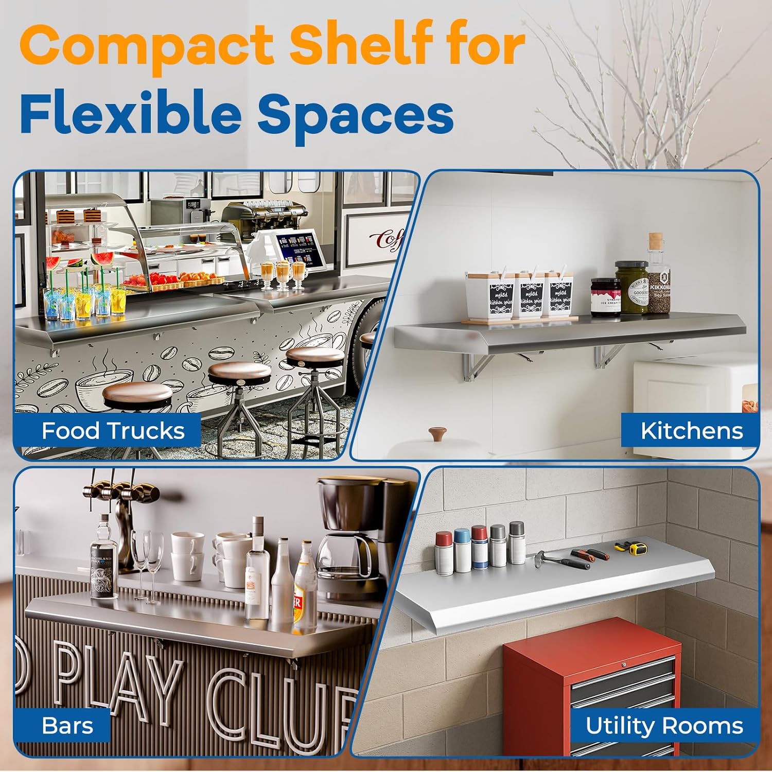 Stainless Steel Folding Shelf 36" x 12" for Food Truck, Fold Down Concession Shelf for Serving