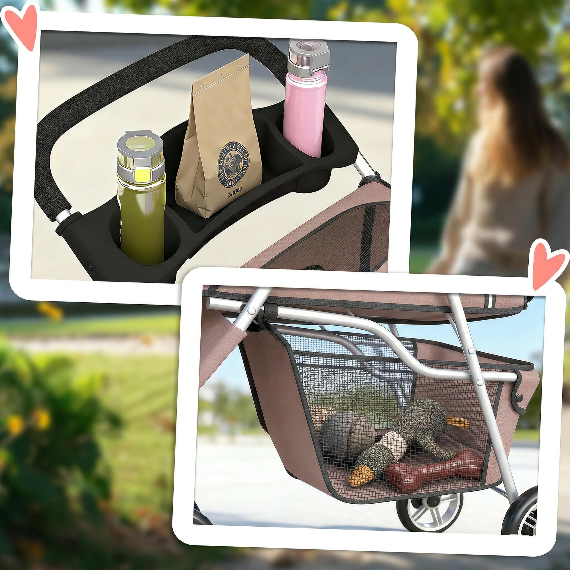 PawHut Poussette pour Chien 4 Roues, Chariot Pliable avec Frein, Auvent Réglable, Panier de Rangement, Porte-Gobelet, pour Petits Chiens et Animaux Agés, 77x44x102cm, Café