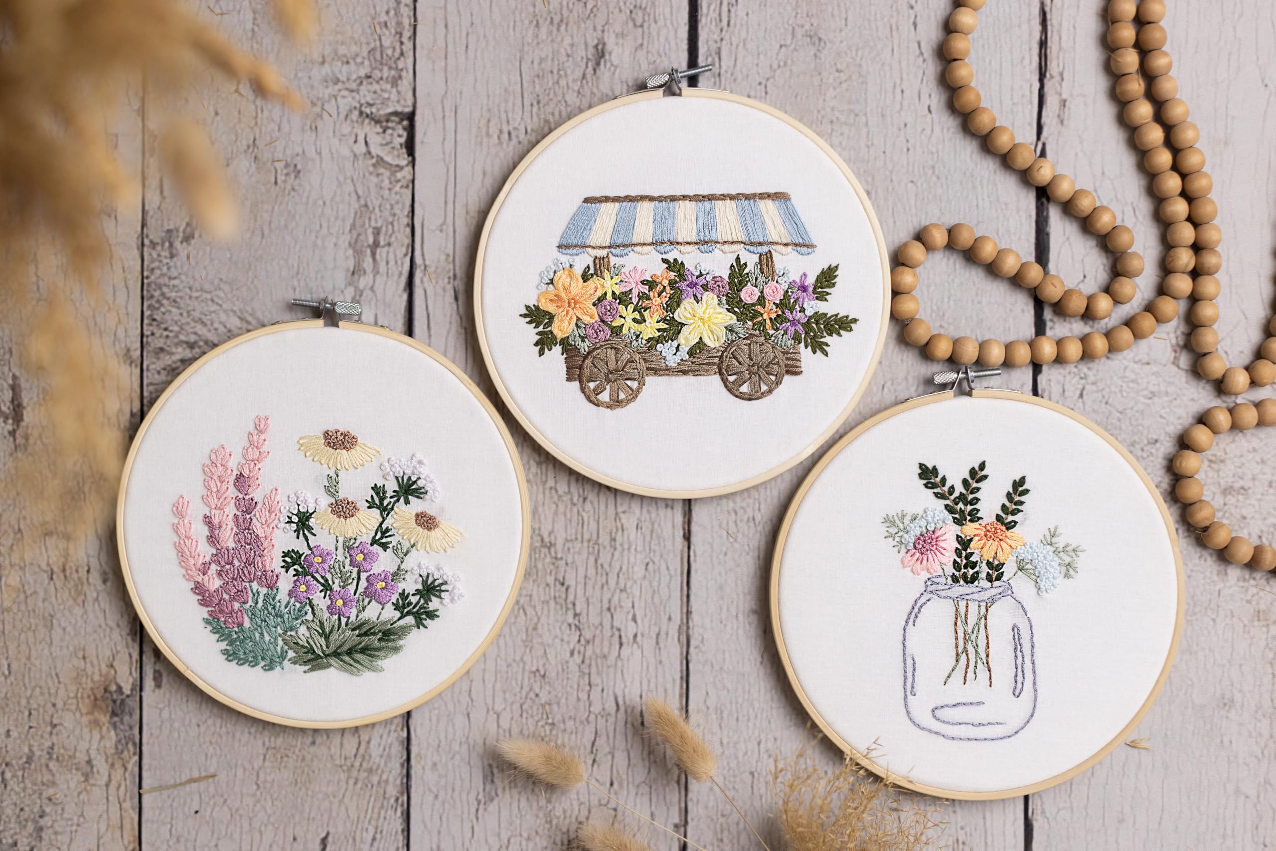 Looples Embroidery Kit for Beginners and Adults with Video Tutorials – DIY Starter Kit with 3 Stamped Floral Patterns, Hoops, Threads, Needles, and Instructions - Cart, Glass Jar, and Flowers