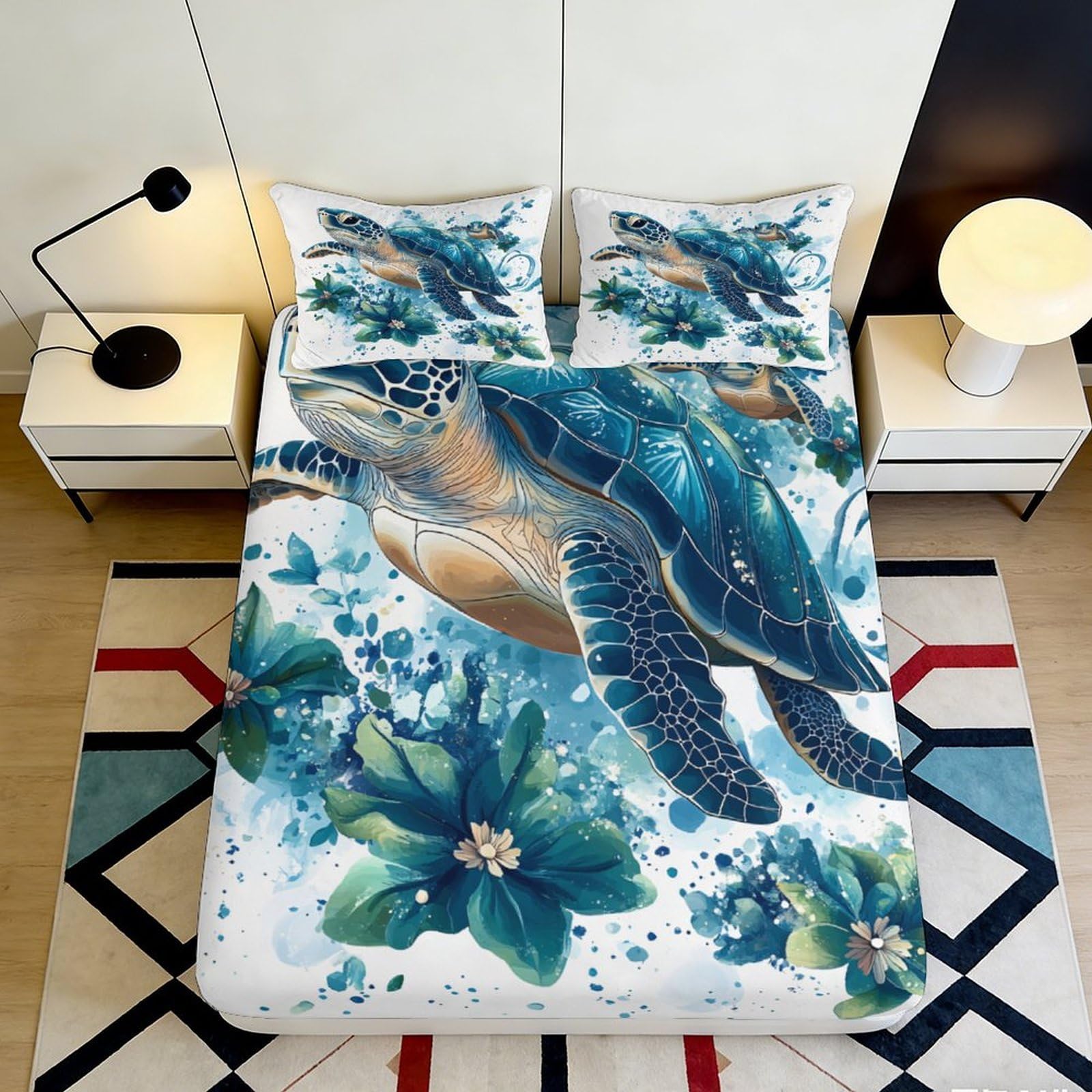 3D Printed sea turtle Fitted Sheet, soft touch Microfiber, decorative bed cover for bedroom, wrinkle resistant, apartment bedding, easy care, blue floral 120x200x25cm
