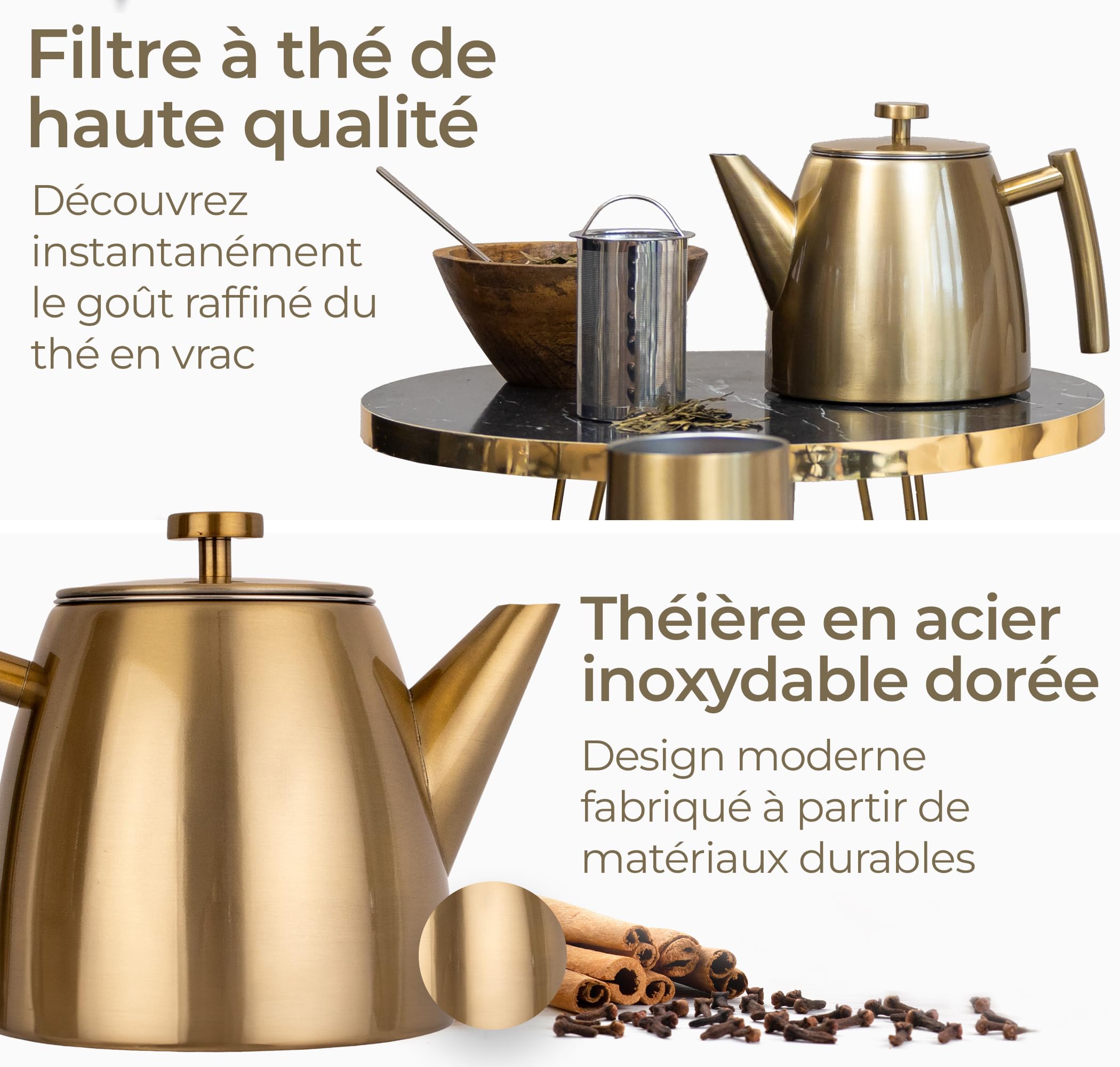 Vaja Trends Théière, 1L doré à Double Paroi en Acier Inoxydable Théière avec Infuseur et Réchaud, Machine à Thé
