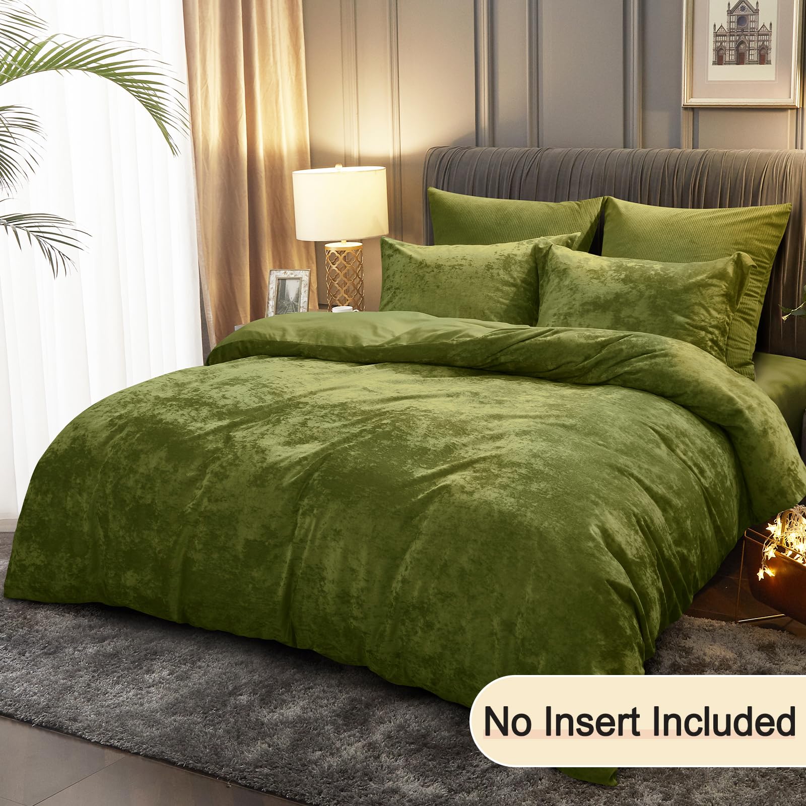 PHF Truly Velvet Duvet Cover Set California King Size, 3pcs Ultra Soft Breathable Comforter Cover Set, Luxury Cozy Flannel Duvet Cover with Pillow Shams Bedding Collection, 104" x 98", Olive Green
