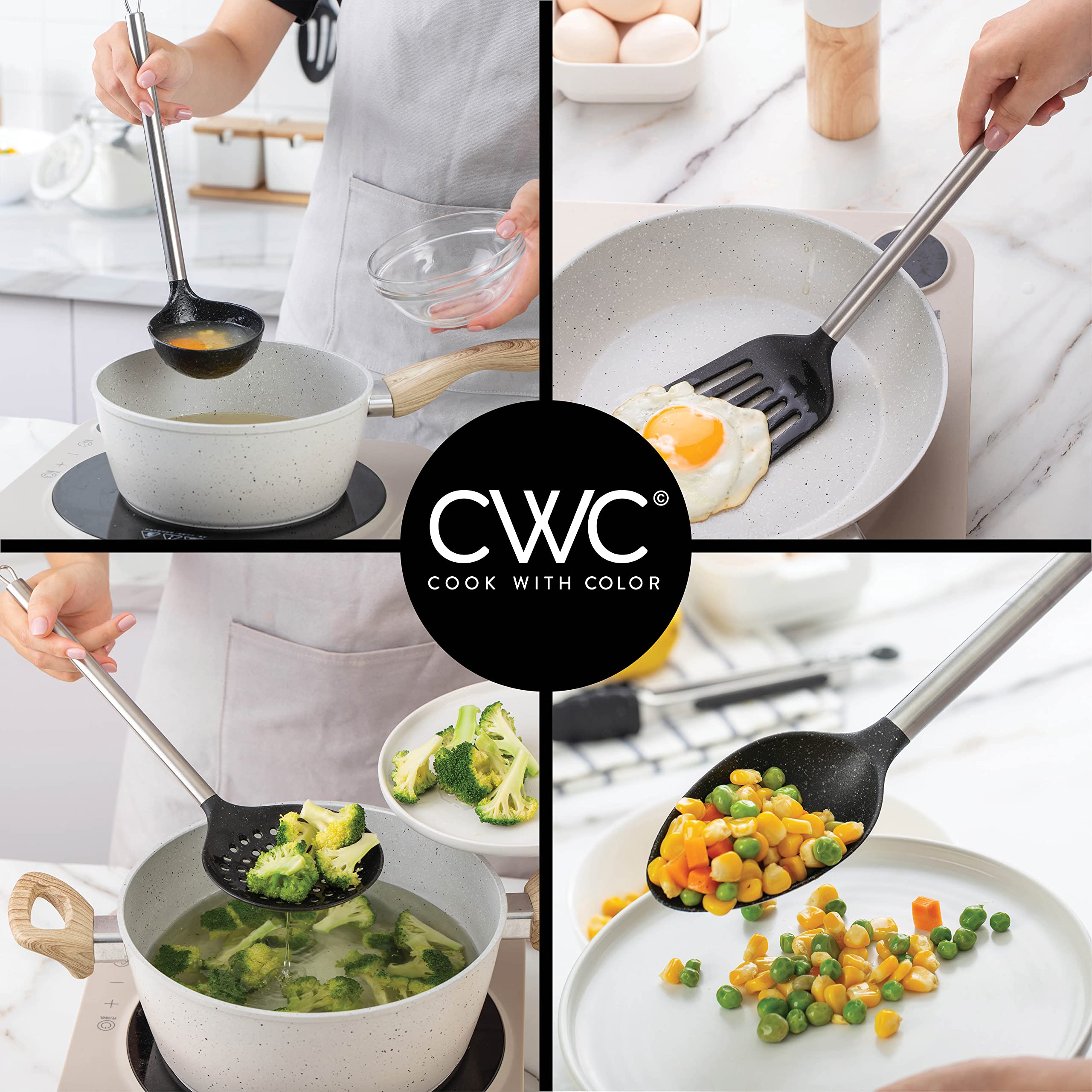 Cook with Color Non Stick Cooking Utensils- 5 Pc Kitchen Utensil Set for Nonstick Cookware, Easy to Clean Nylon Cooking Utensils with Stainless Steel Handles, Kitchen Gadgets (Black)