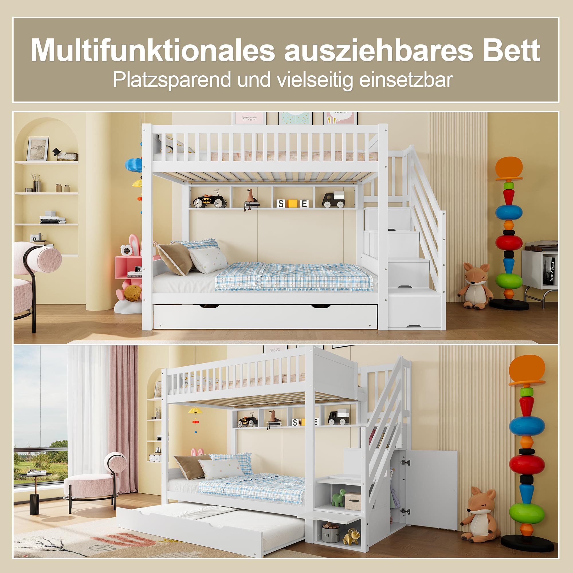 Merax Etagenbett Kinderbett 90x200 cm, Hochbett mit Ausziehbett, Kleiderschrank, Ablageleiter und Regal - Bettgestell mit Lattenrost (ohne Matratze), aus Kiefernholz, Weiß