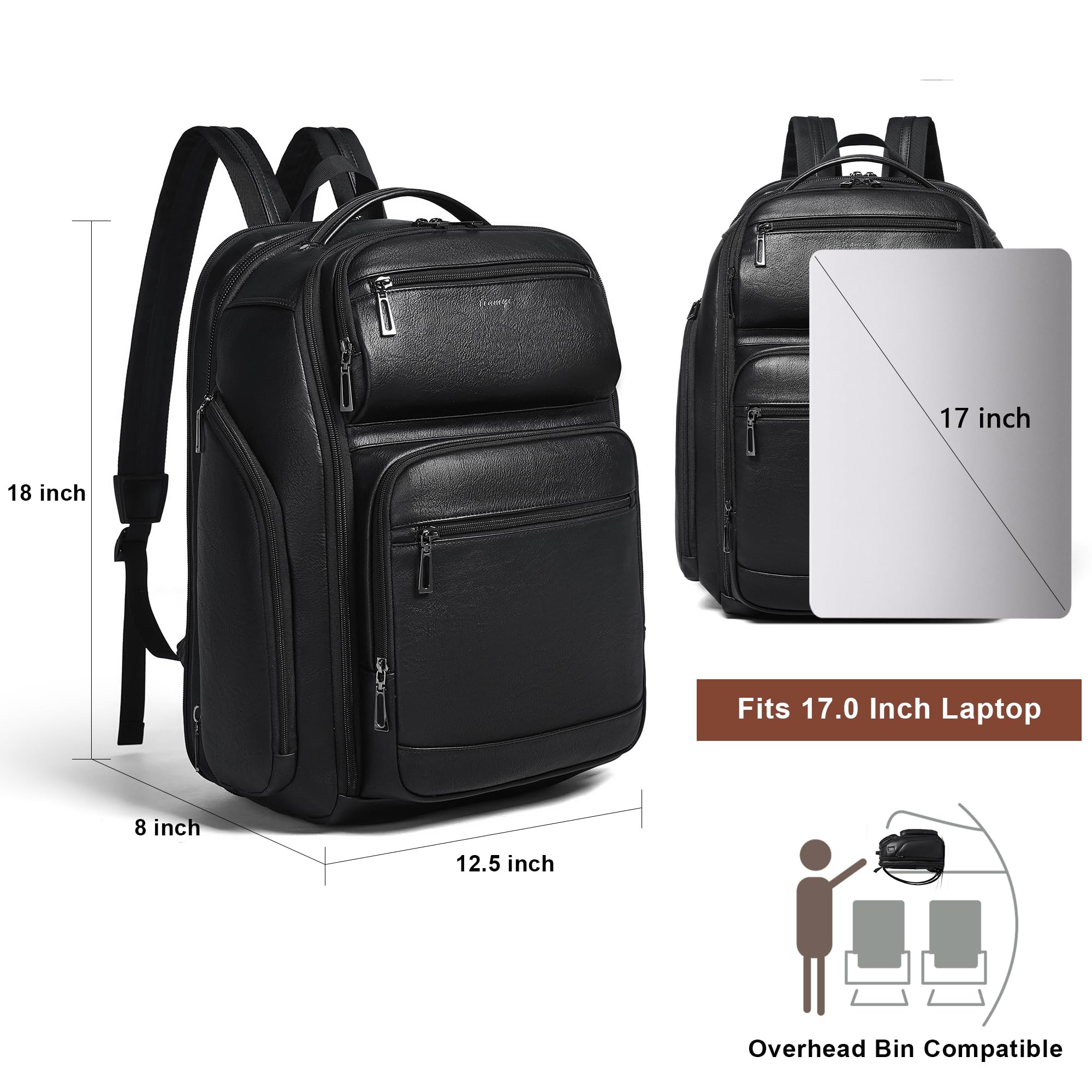 Veganer Lederrucksack, 40L Checkpoint-freundlicher Reiserucksack für Damen und Herren, geeignet für 17-Zoll-Notebook, mit Koffergurt und USB-Anschluss, Schwarz Laptop-Rucksäcke