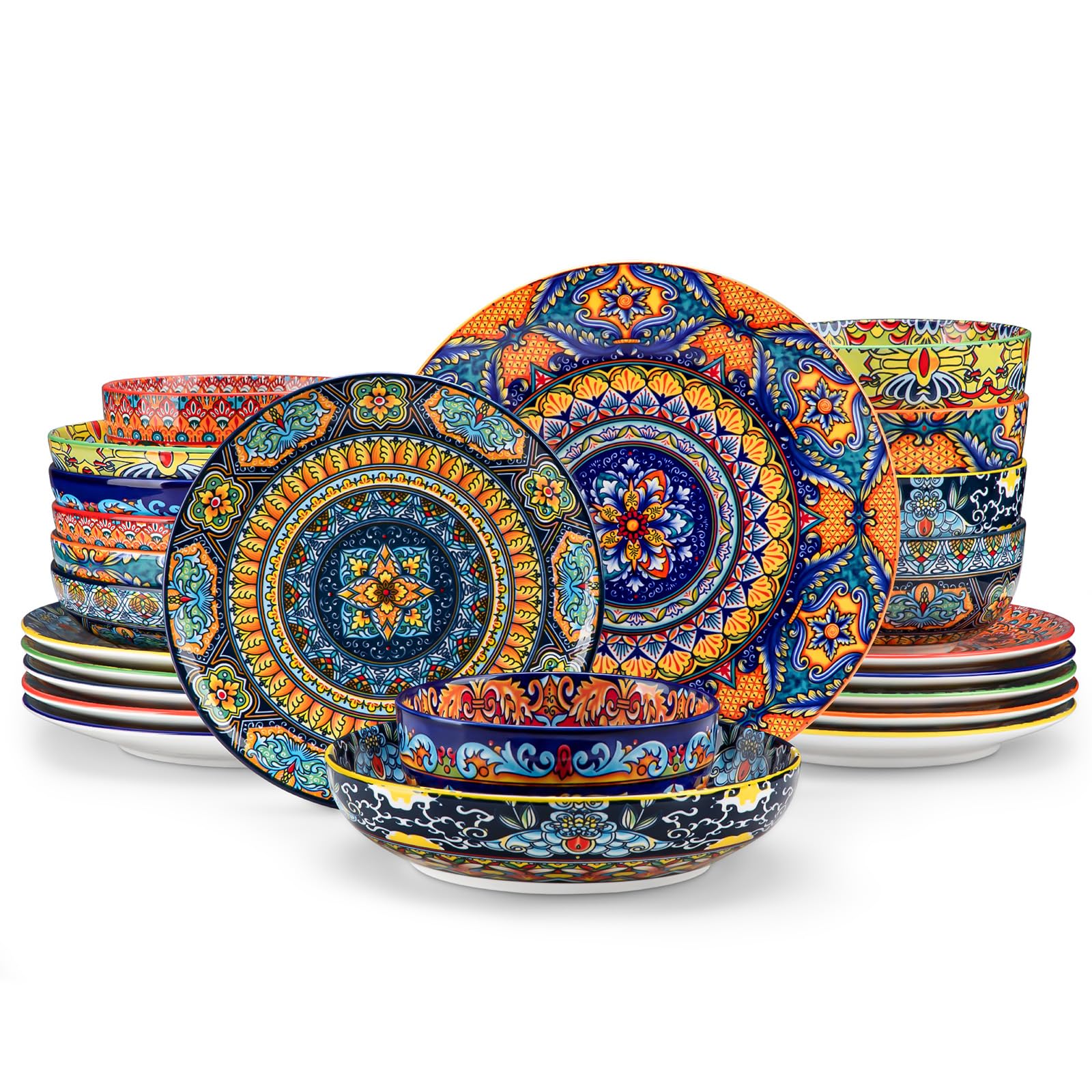 Geschirrset 6 Personen Keramik, vancasso KRVI 24tlg Modernes Porzellan Geschirr Set, Tafelservice im Böhmischer Stil, Tellerset und Schalenset, buntes Kombiservice