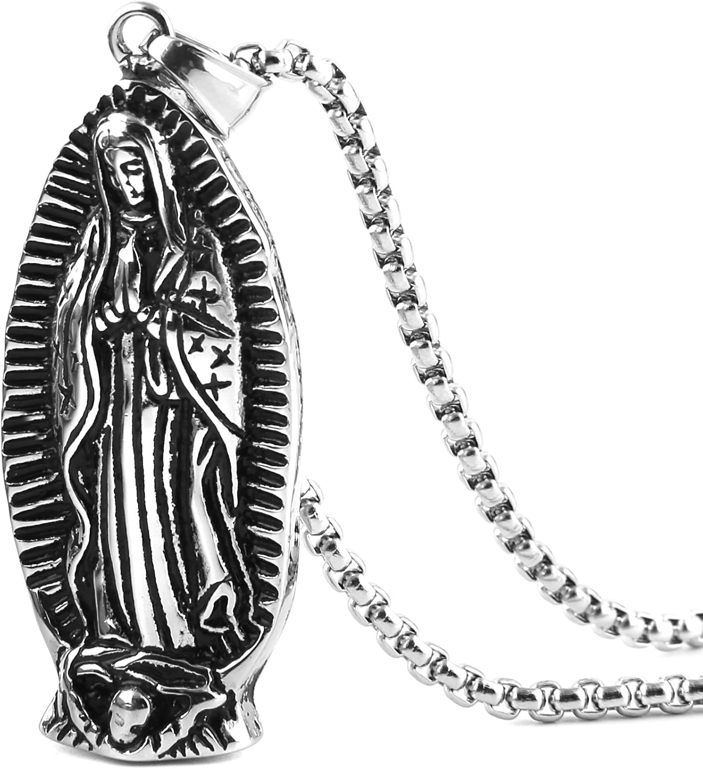 HZMAN Stainless Steel Blessed Mother Mary - Our Lady of Guadalupe Pendant Necklac with Steel Wheat Chain